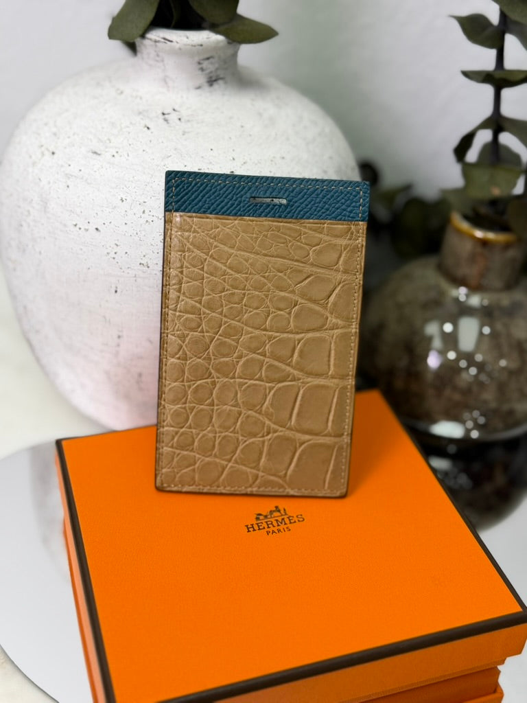 Hermes Beige Matte Alligator & Teal Epsom Petit H Lanyard Card Holder