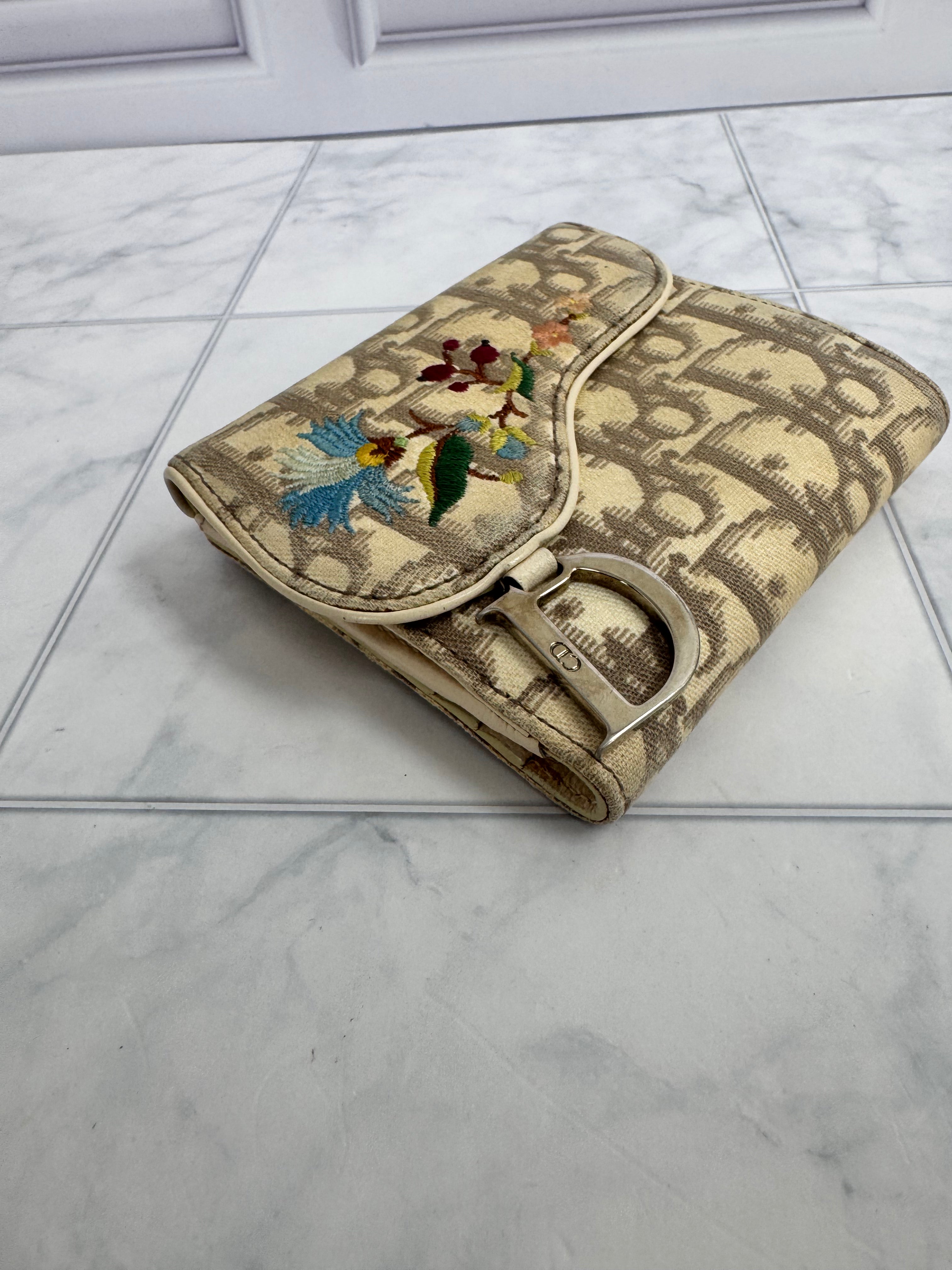 Christian Dior Beige Canvas Floral Embroidered Saddle Compact Wallet
