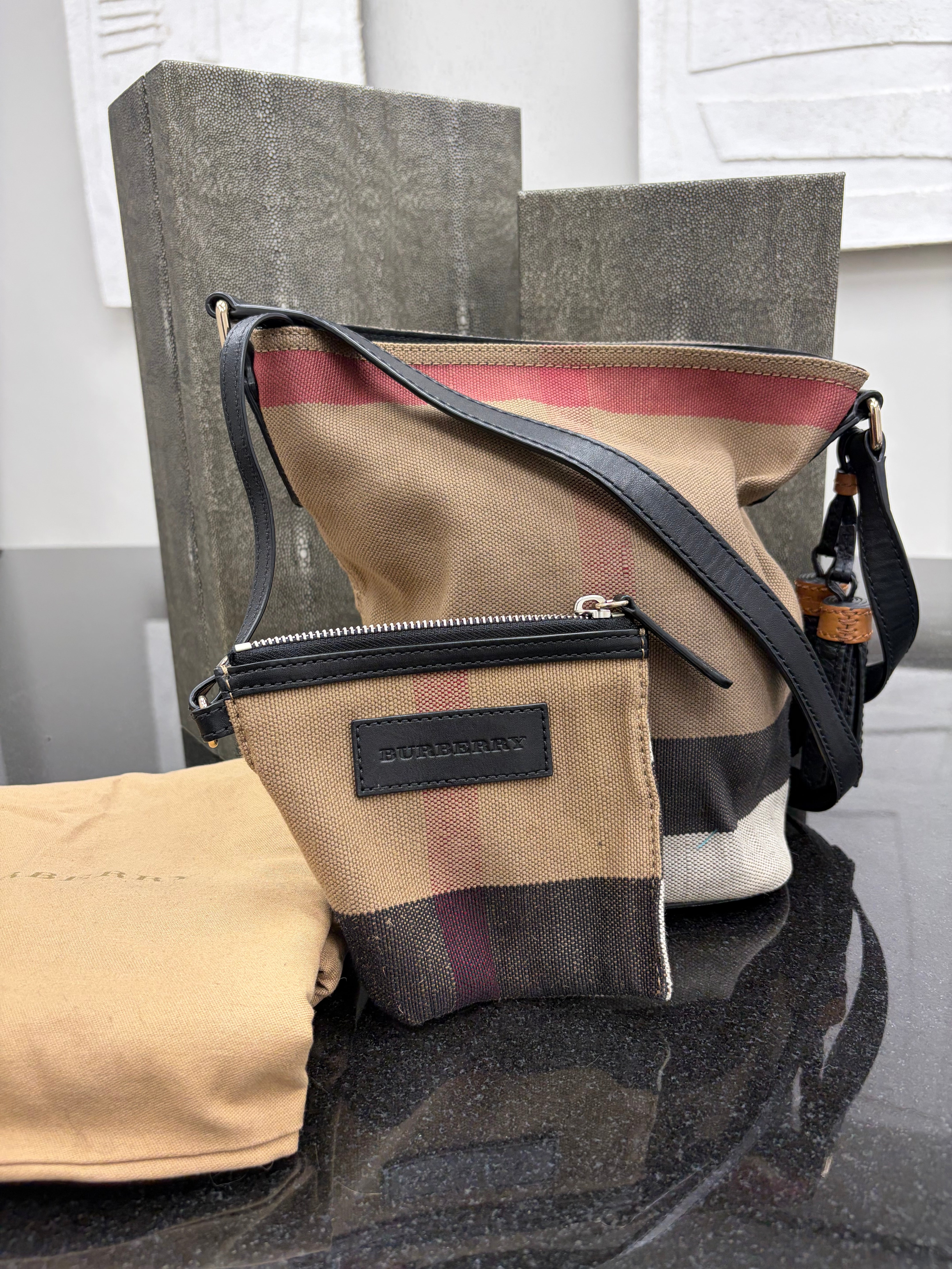 Burberry Mega Check Canvas Bucket Bag & Pouch