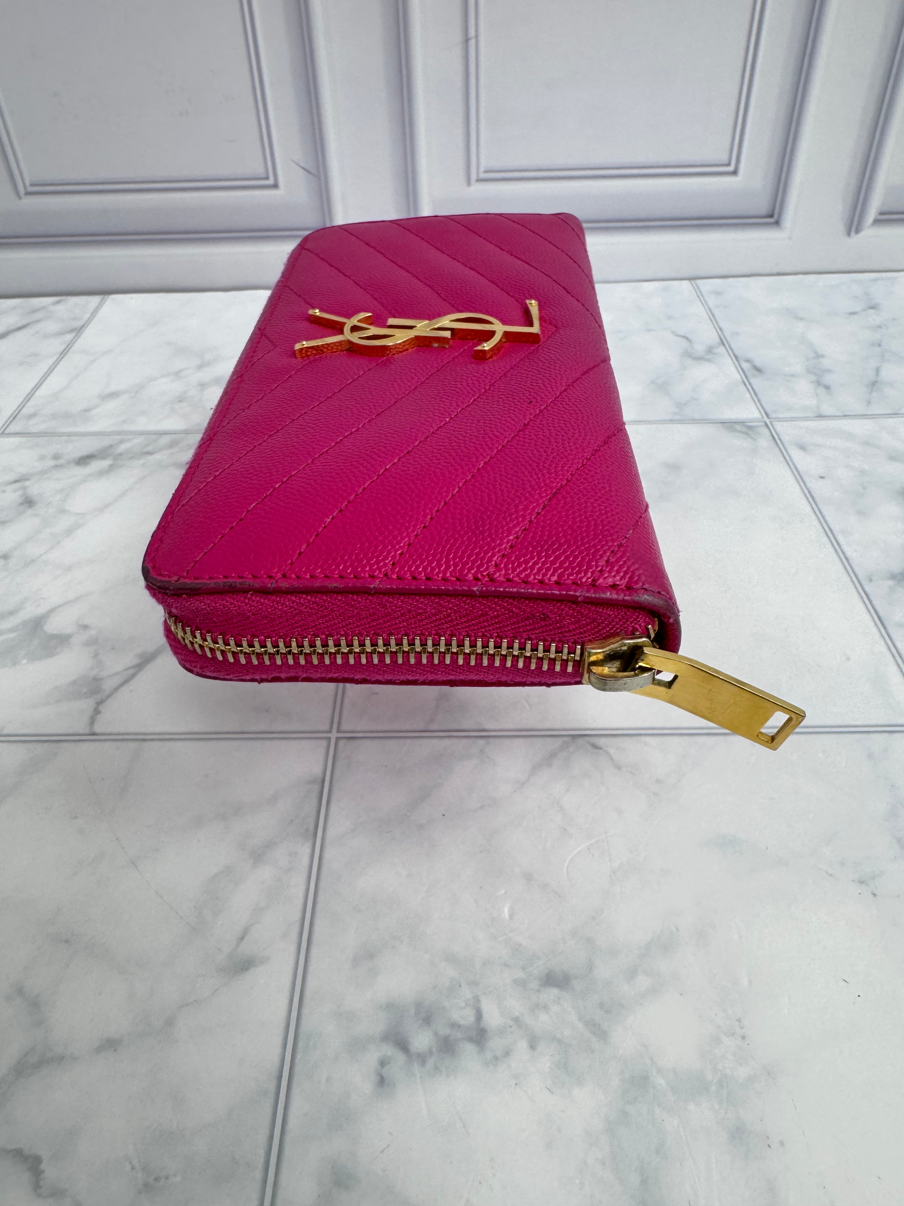 Saint Laurent YSL Pink Quilted Caviar Leather Zippy Wallet