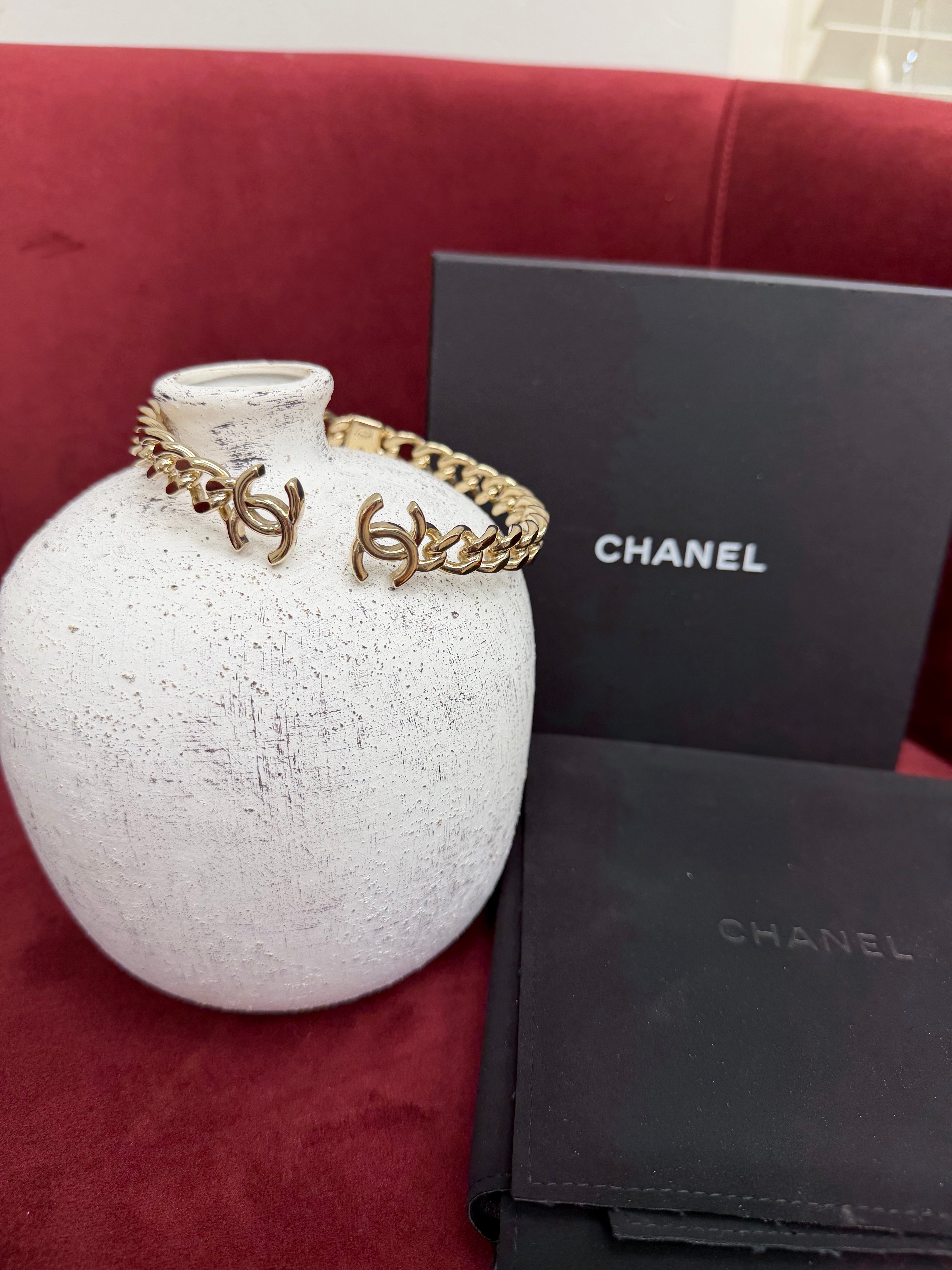 Chanel Gold Tone Chain Link CC Choker Necklace