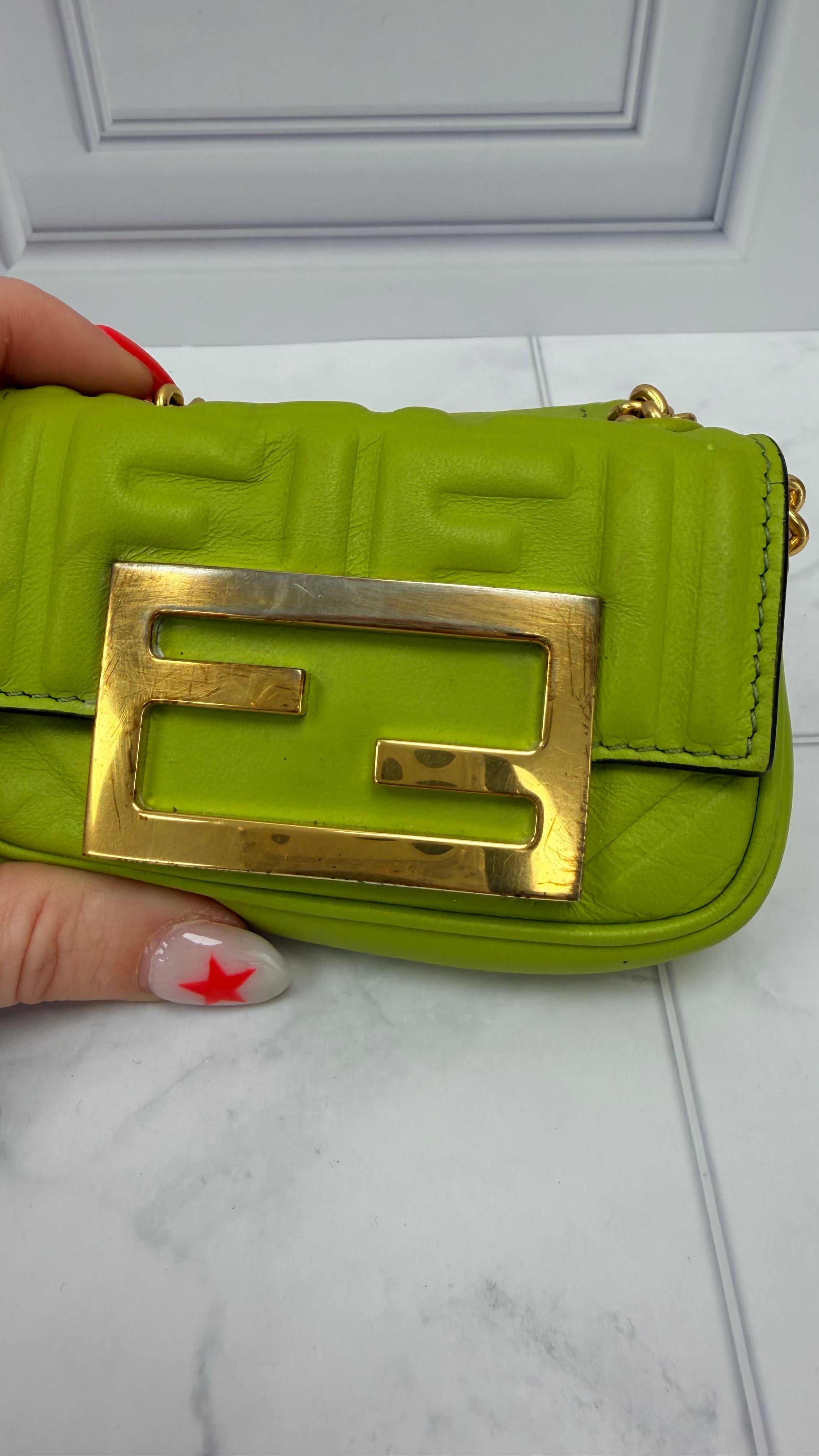 *DONS DROP* Fendi Green Embossed Zucca Nano Baguette Chain Bag