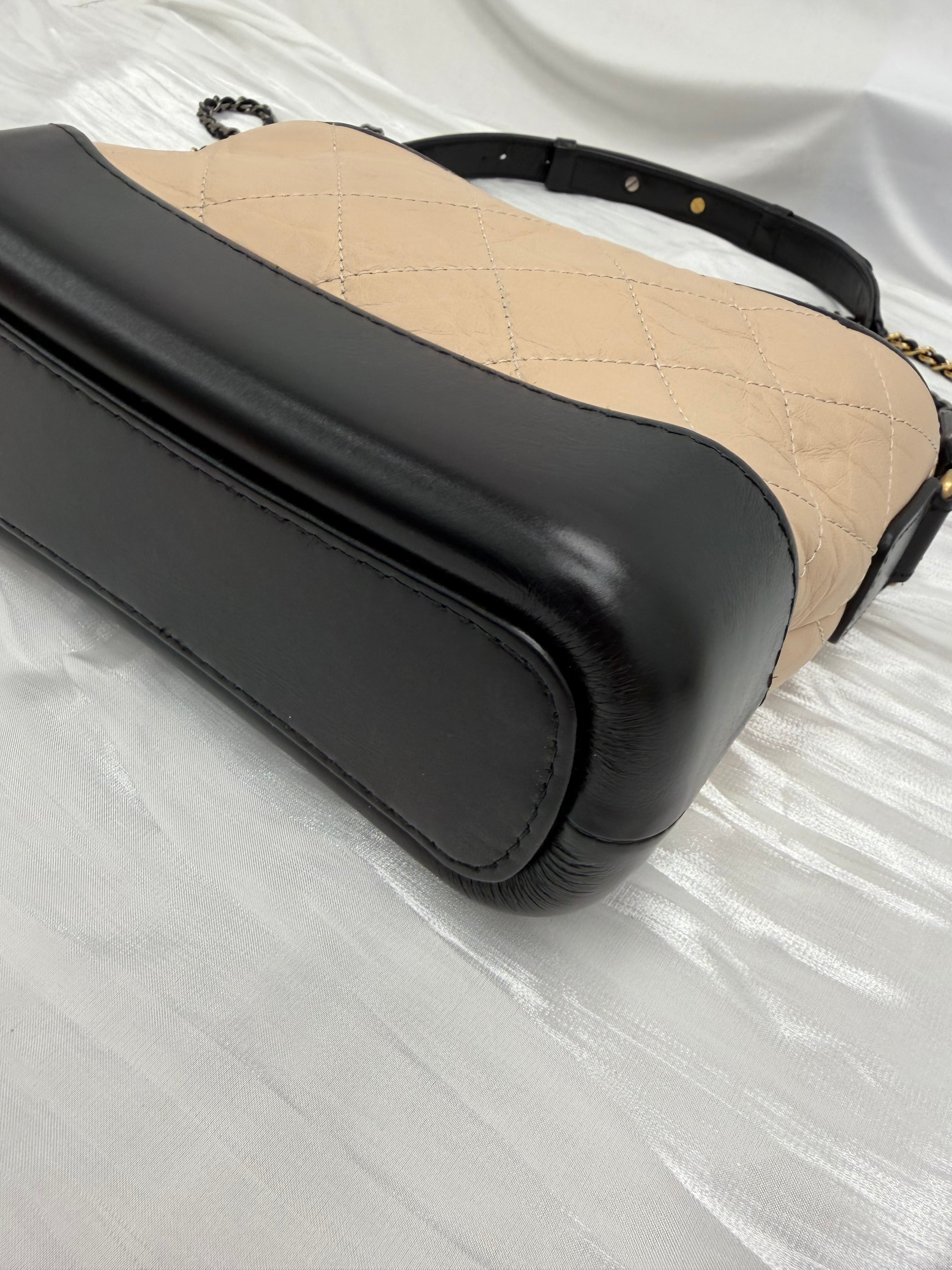 Chanel Beige & Black Aged Quilted Calfskin Small Gabrielle Hobo Bag