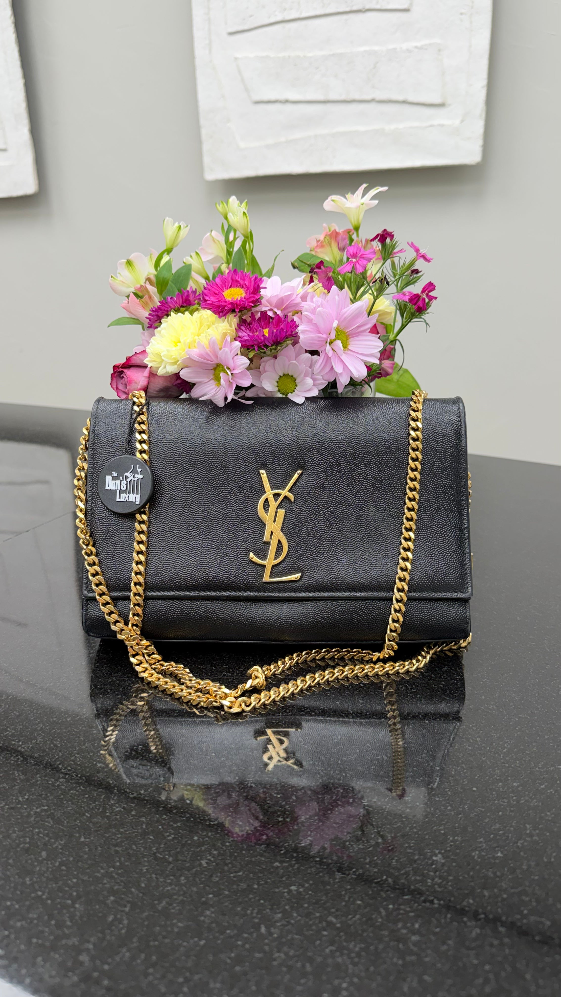 Saint Laurent YSL Black Pebbled Leather Kate Chain Bag