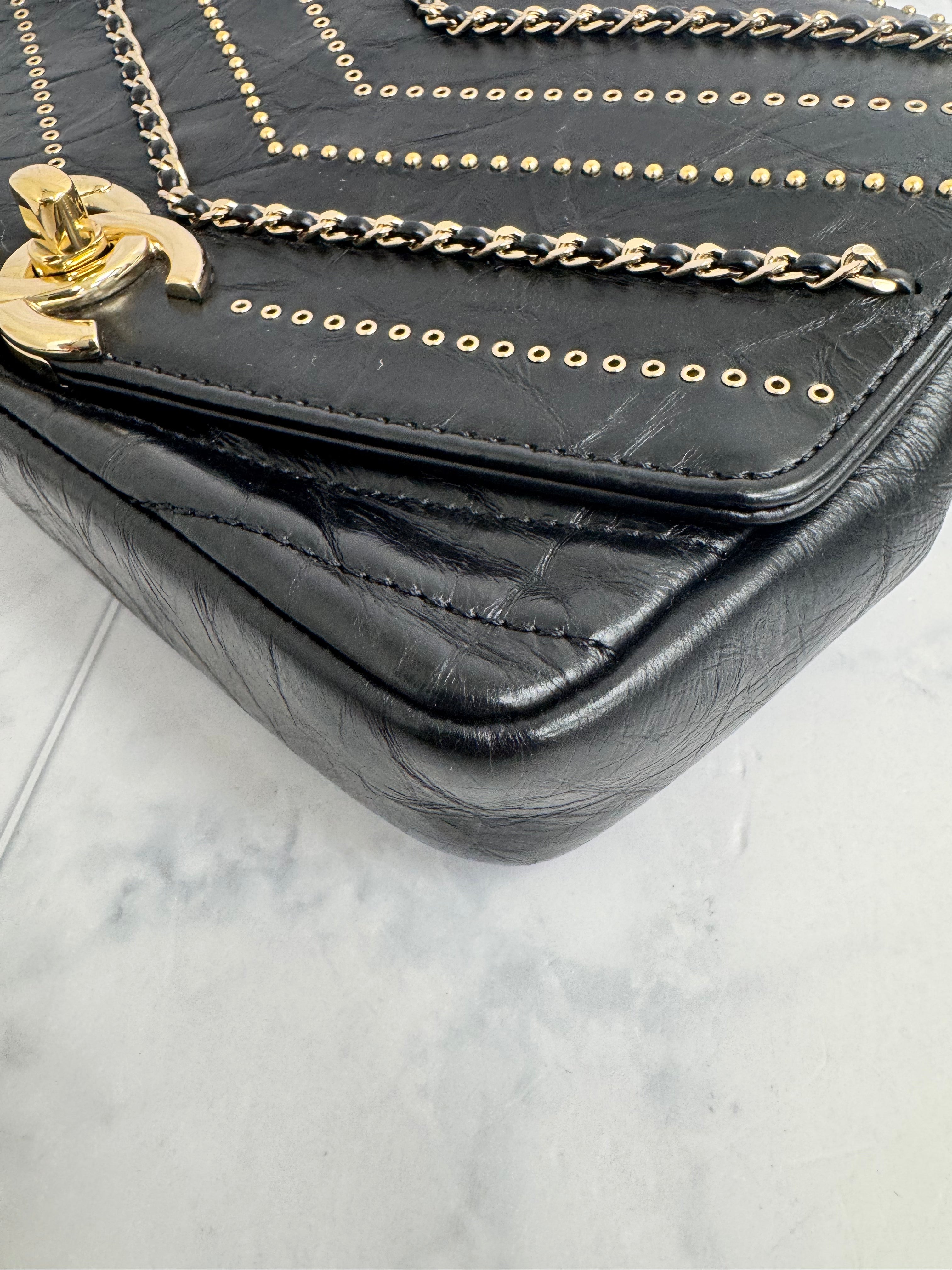 Chanel Black Chevron Studded Quilted Leather Chain Flap Crossbody Bag