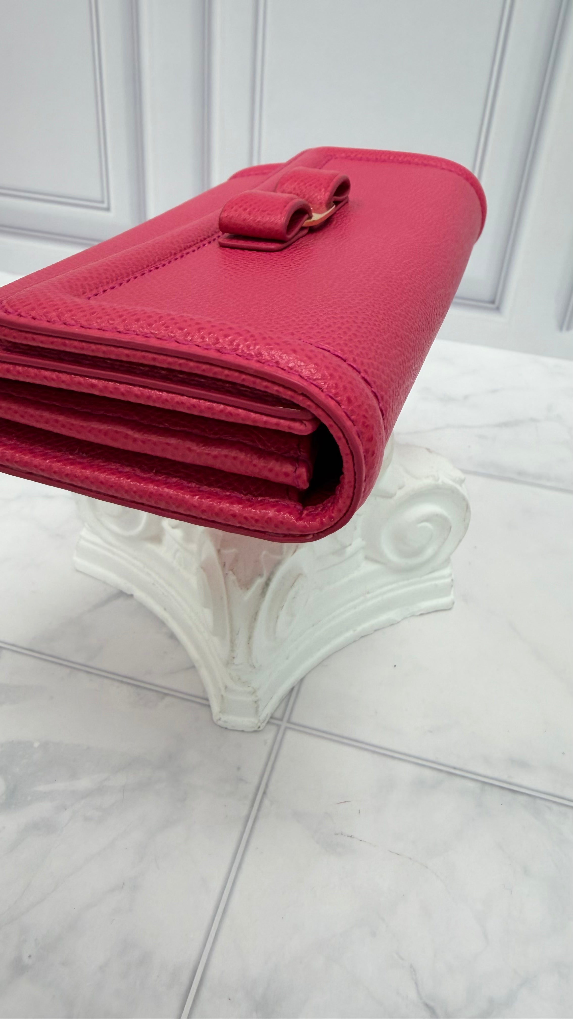 Salvatore Ferragamo Pink Pebbled Leather Bow Long Wallet w/ Card Holder