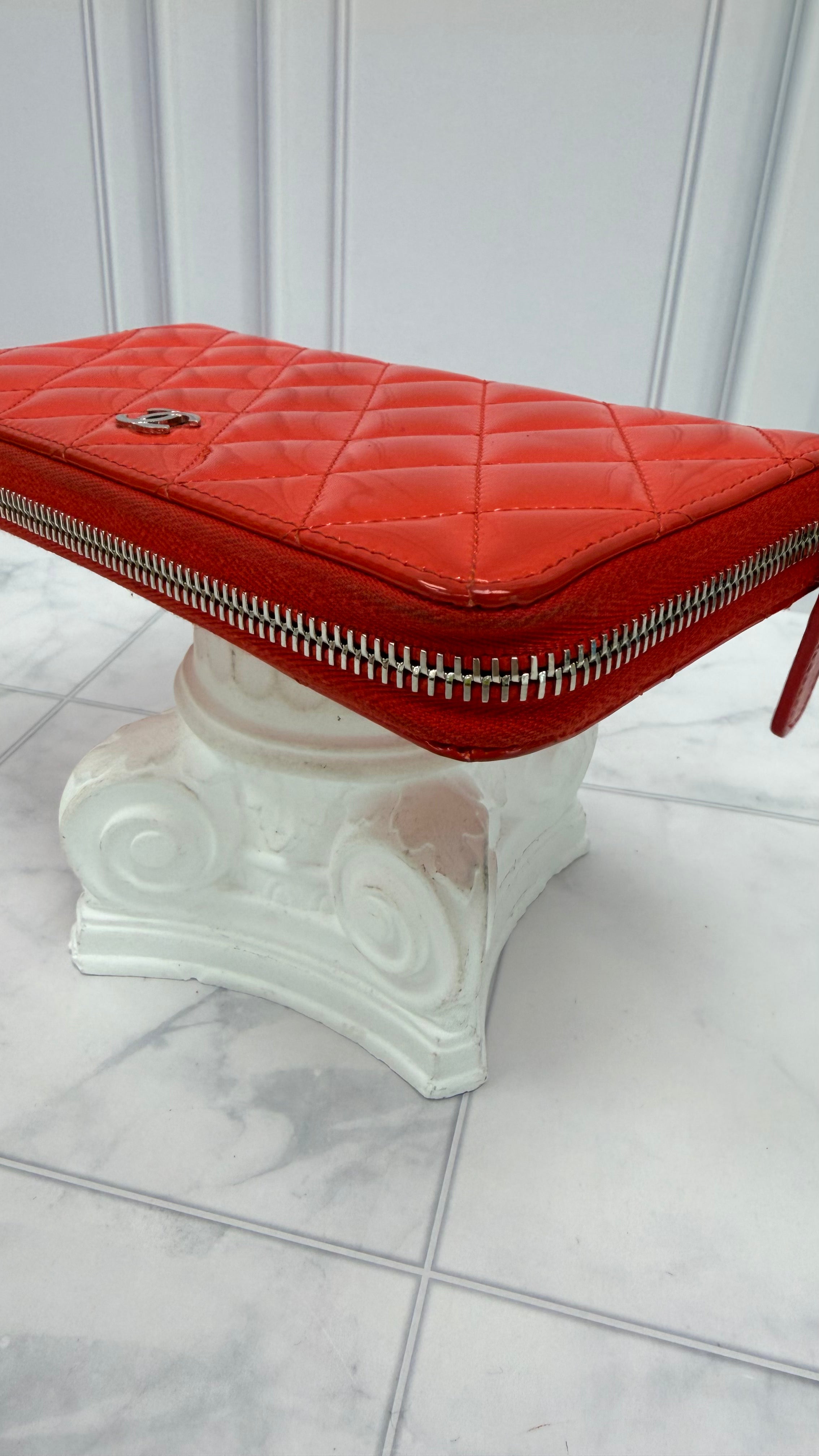 Chanel Red Patent Leather Quilted Zippy Wallet