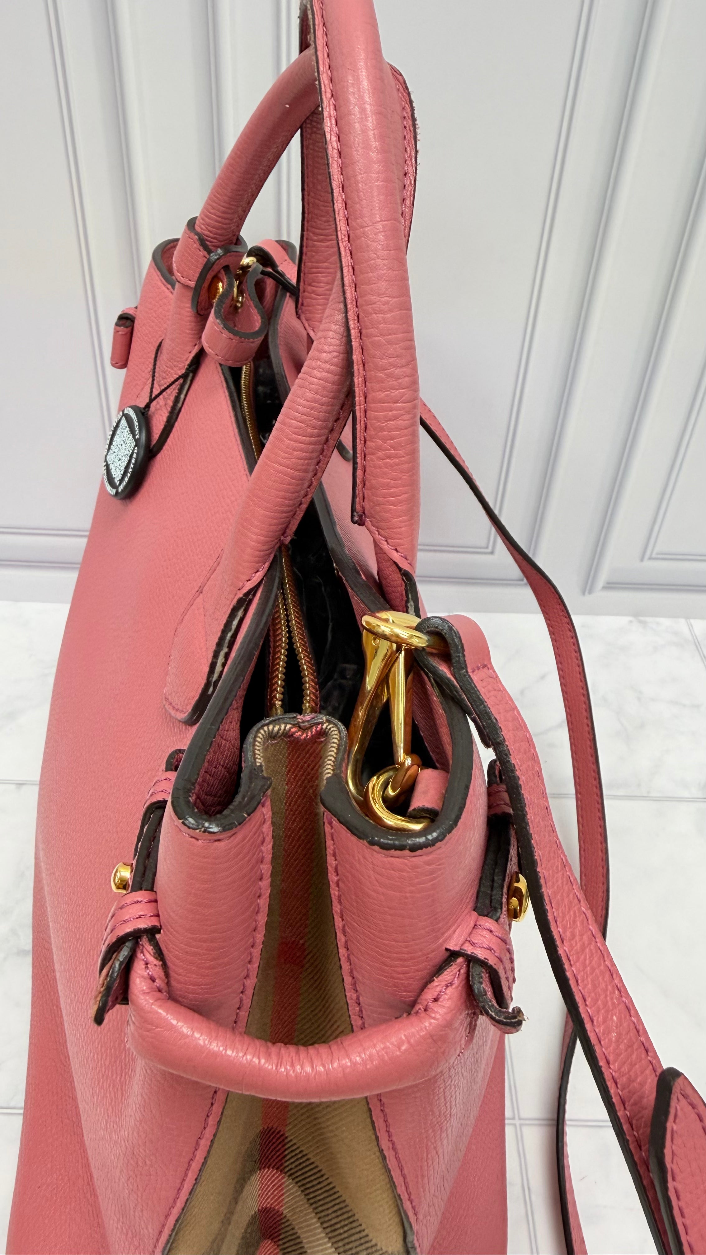 Burberry Pink Leather Nova Check Banner Tote