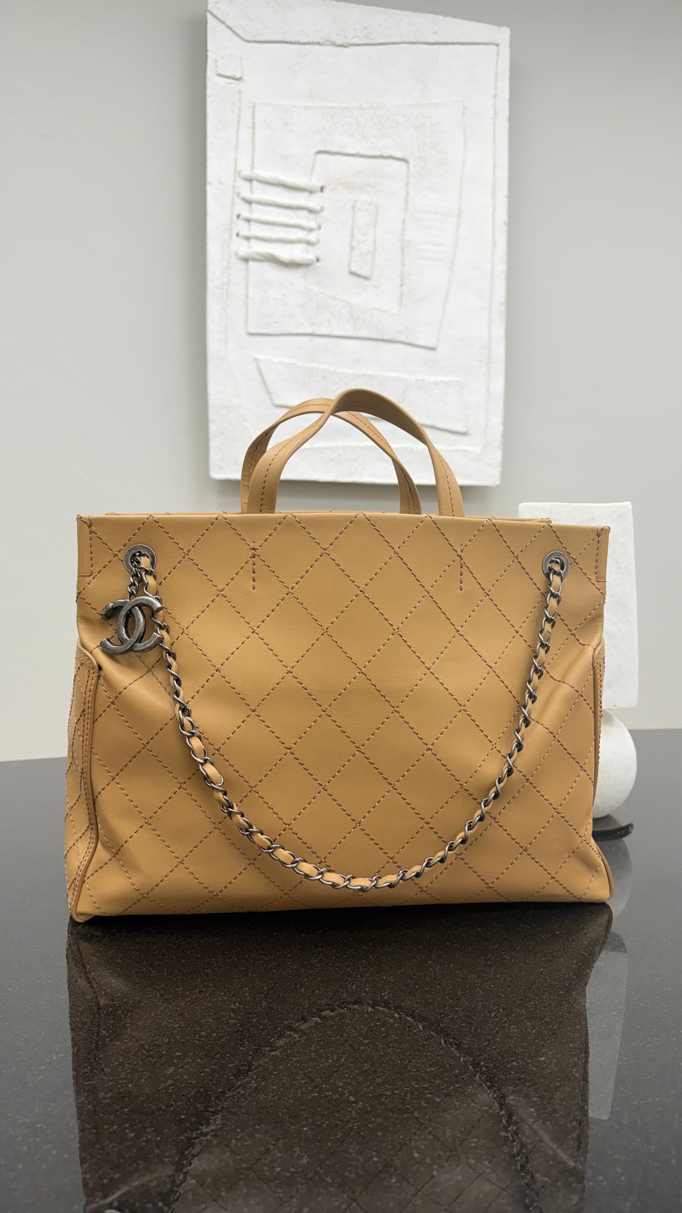 Chanel Beige Quilted Stitched CC Pocket Tote