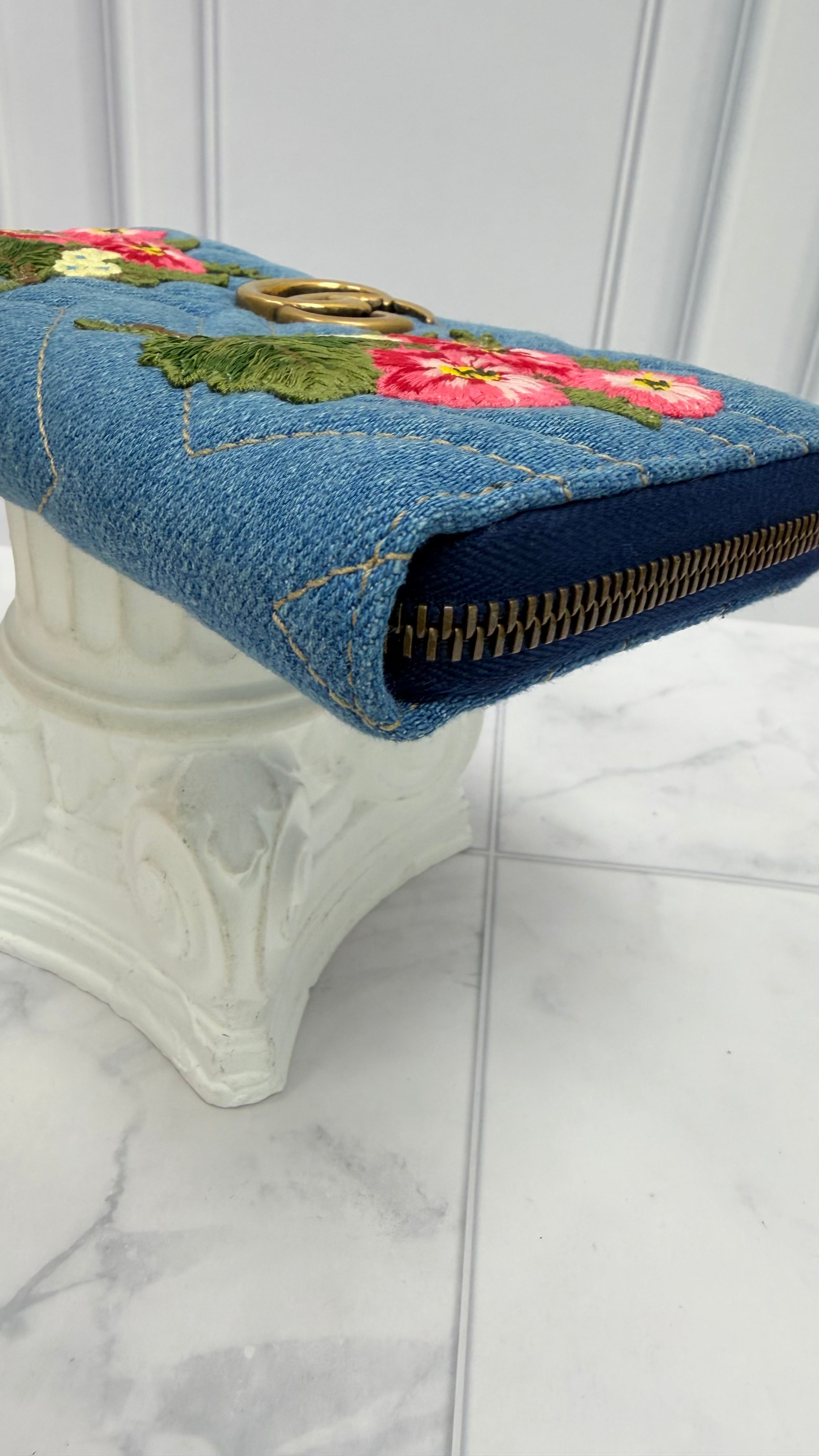 LIKE NEW- Gucci Denim Chevron Floral Embroidery Zippy Wallet