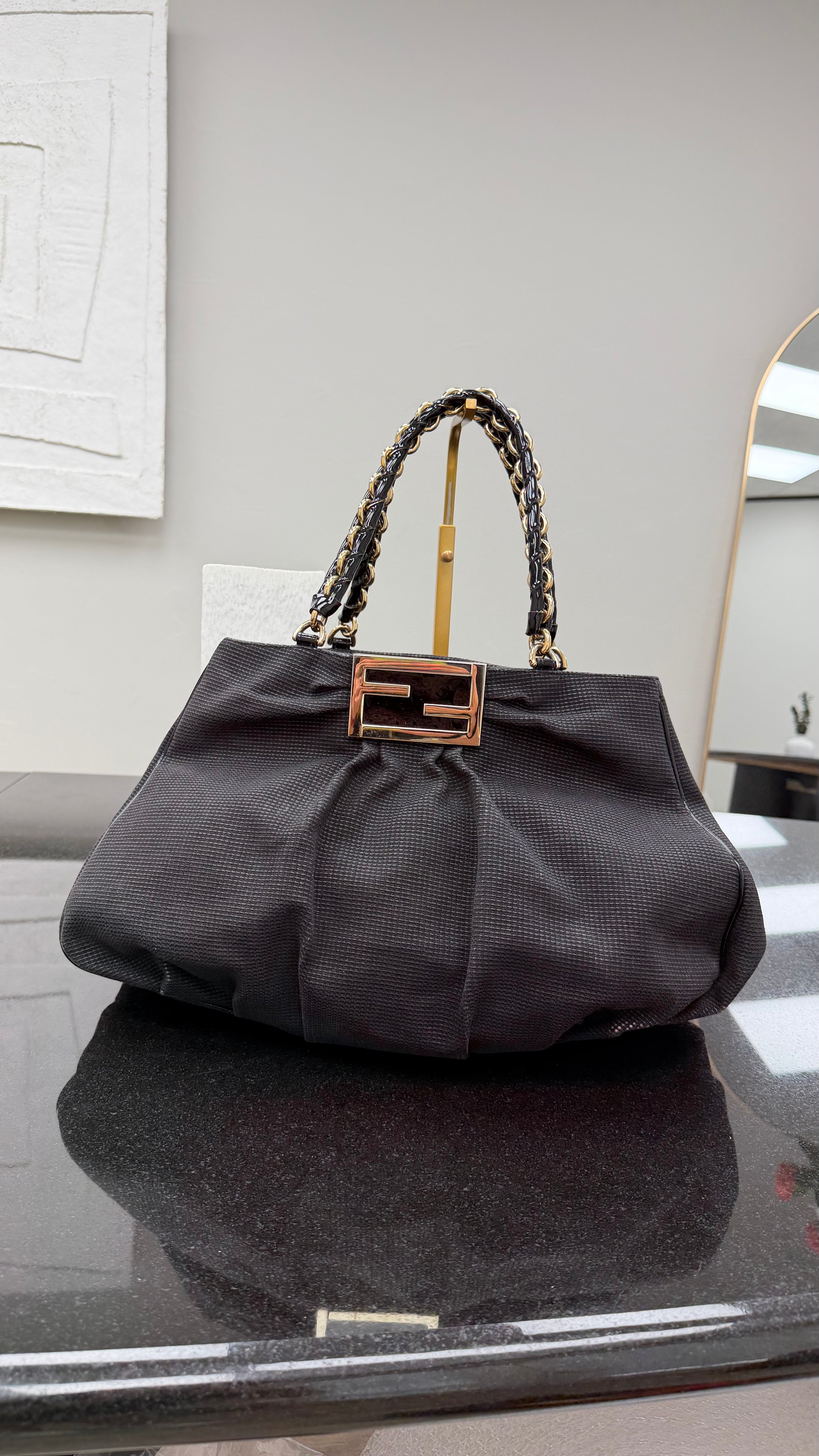 Fendi Black Textured Canvas Mia Chain Shoulder Bag