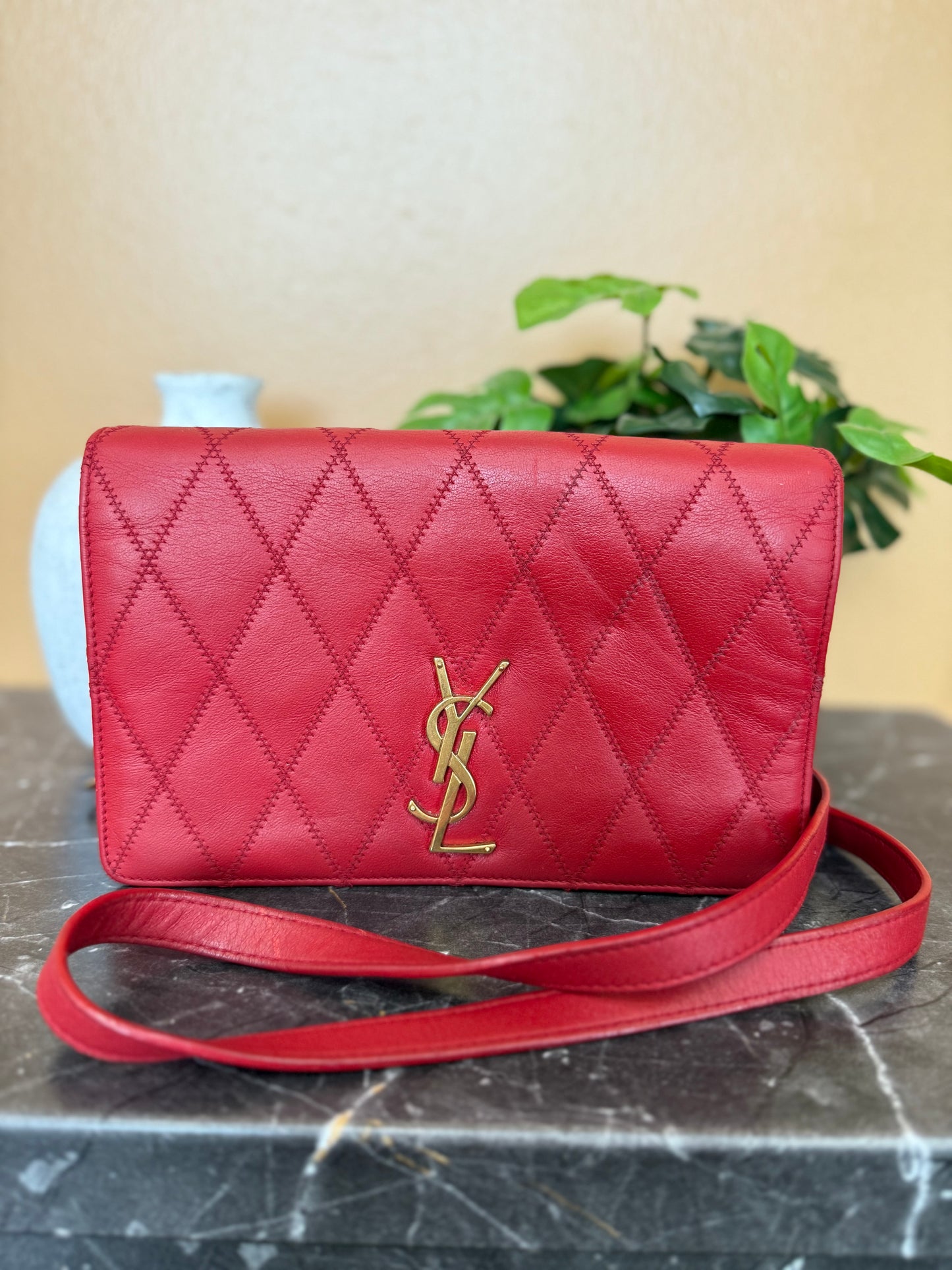 Saint Laurent YSL Red Quilted Leather Angie Chain Crossbody Bag