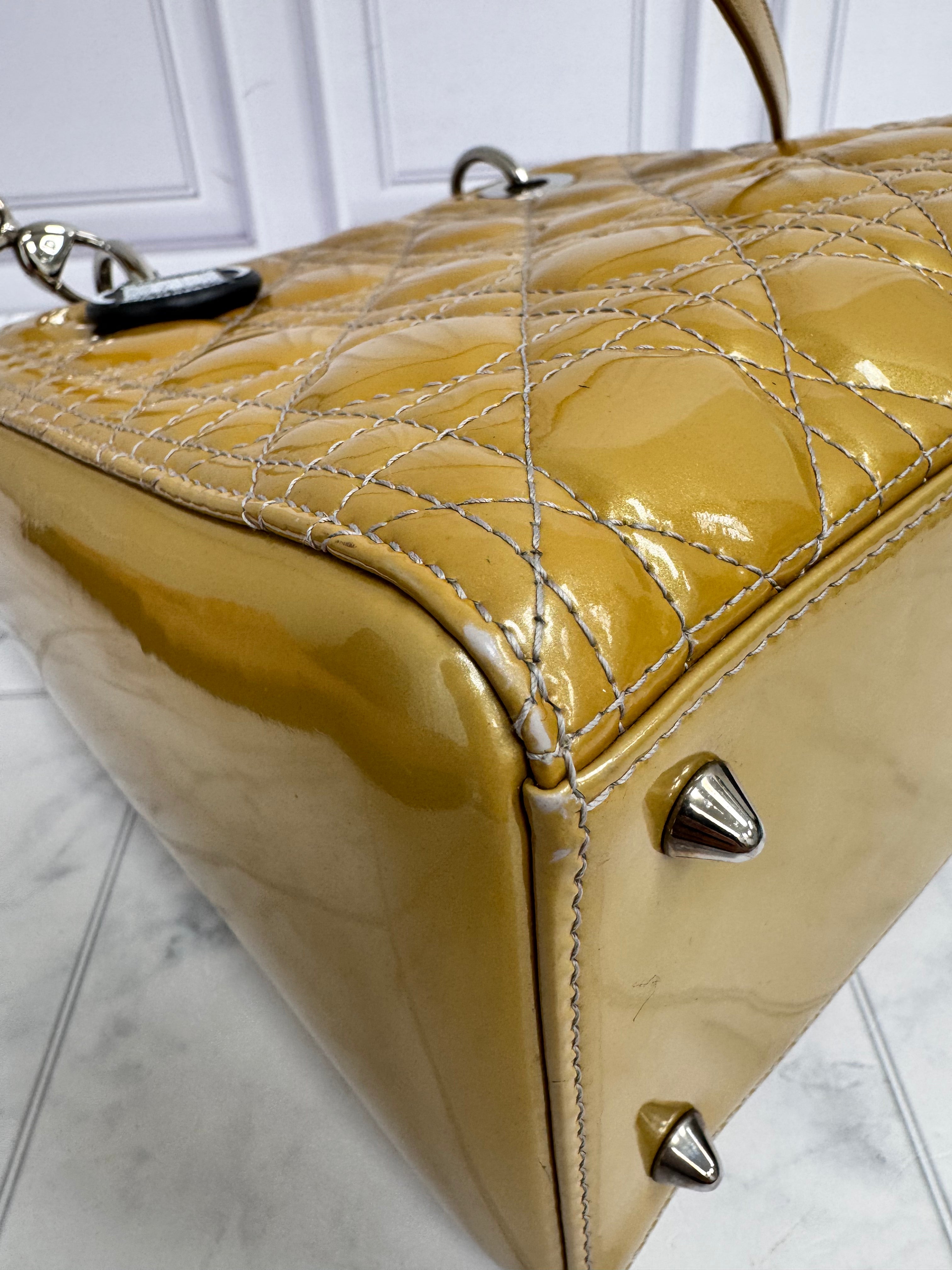 Christian Dior Yellow Cannage Patent Leather Medium Lady Dior