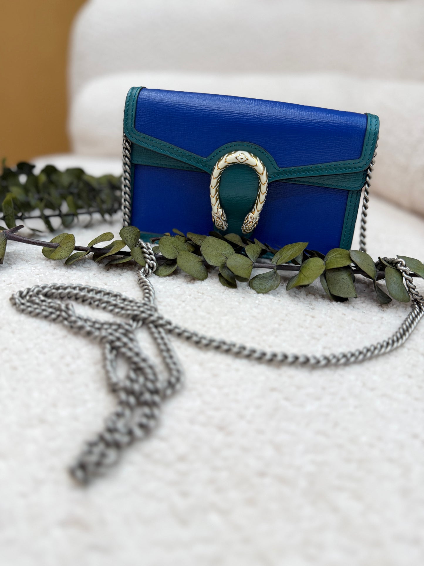 Gucci Blue & Teal Calfskin Leather Super Mini Enamel Dionysus Chain Bag