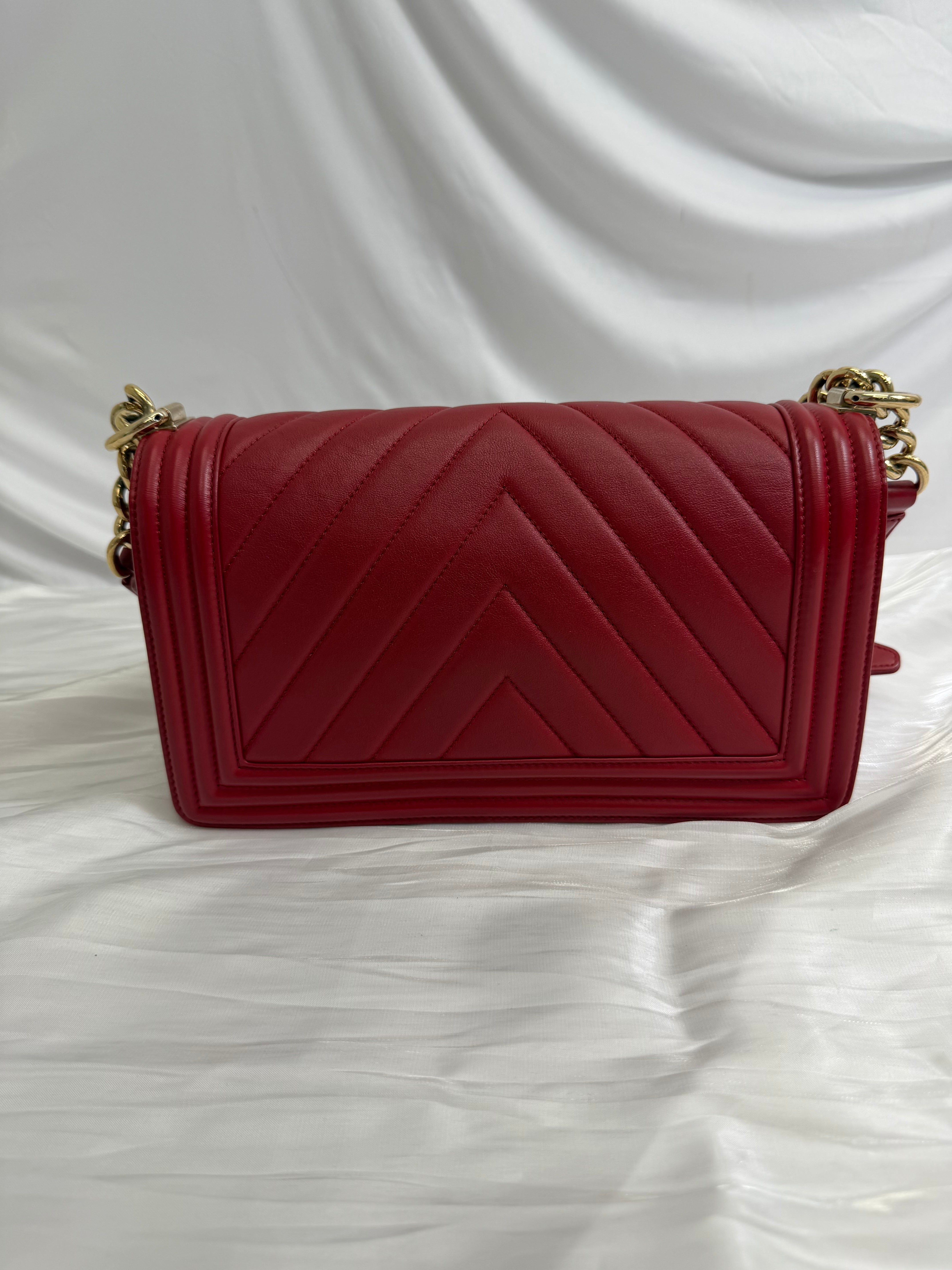Chanel Red Chevron Quilted Calfskin Medium Boy Bag