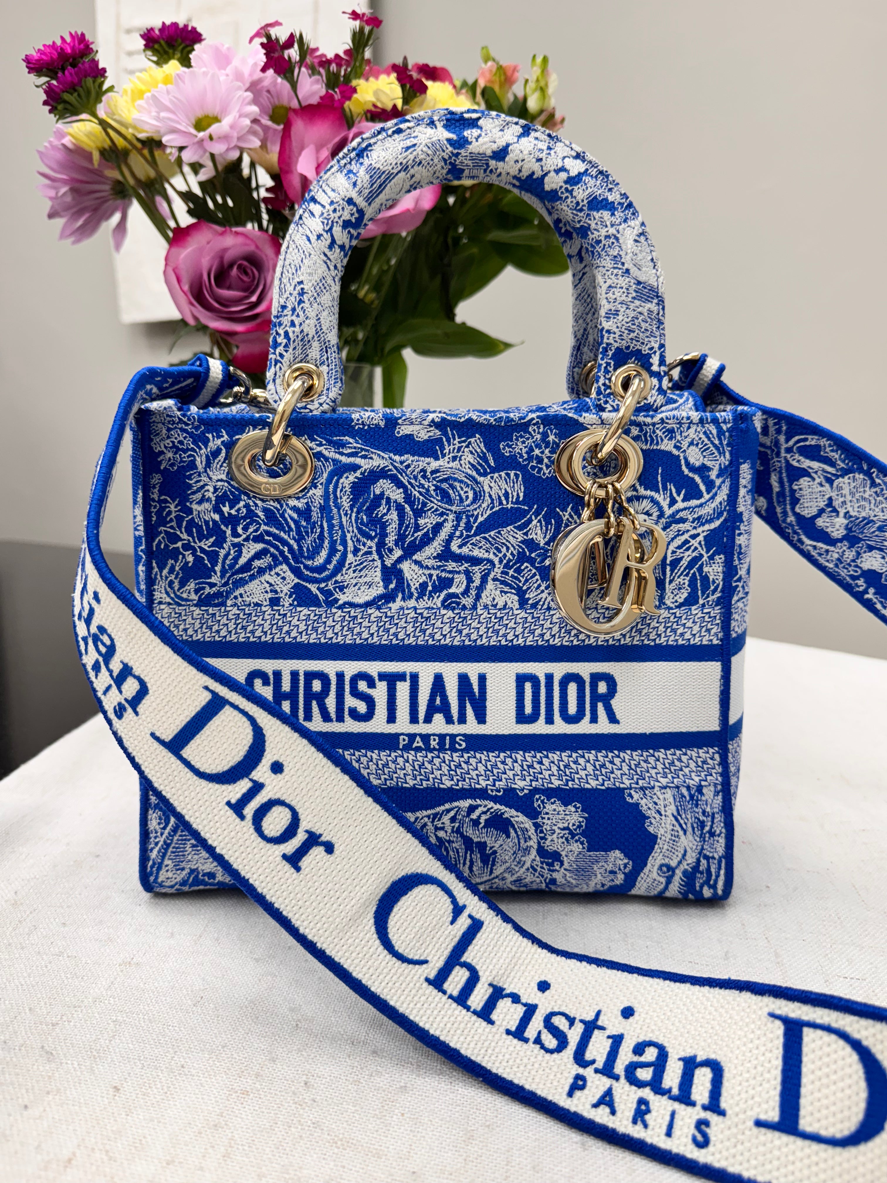 *DONS DROP* LIKE NEW - Christian Dior Blue Embroidered Canvas Lady D-Lite Bag