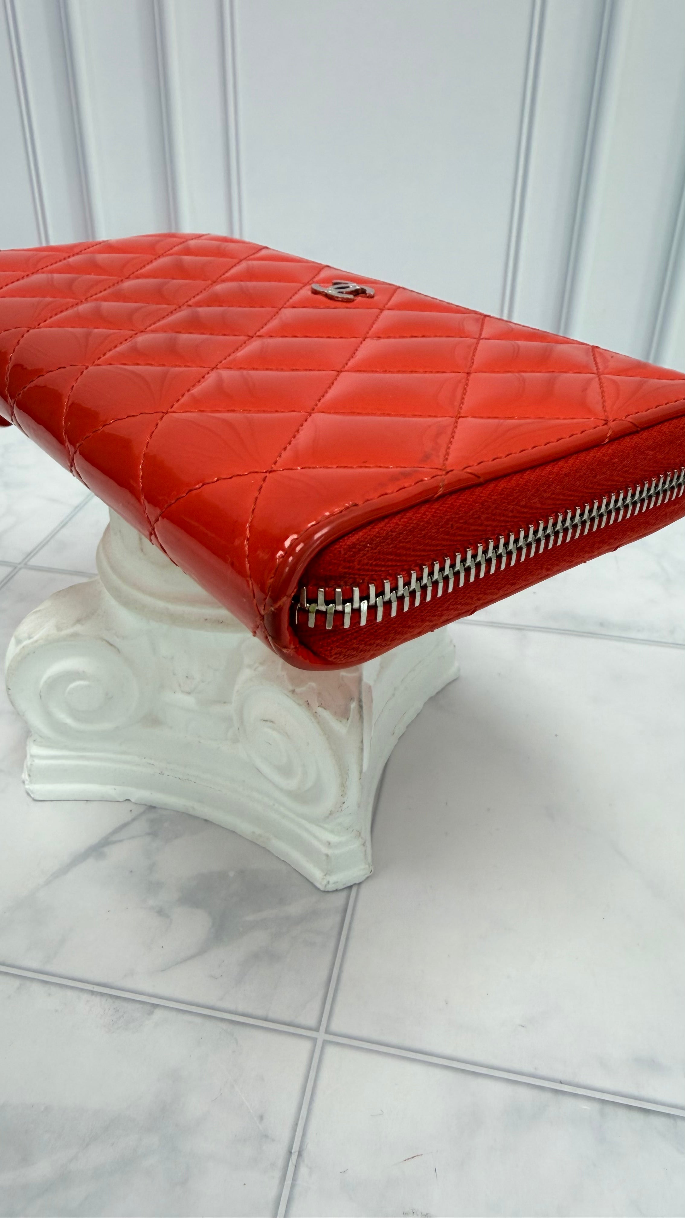 Chanel Red Patent Leather Quilted Zippy Wallet