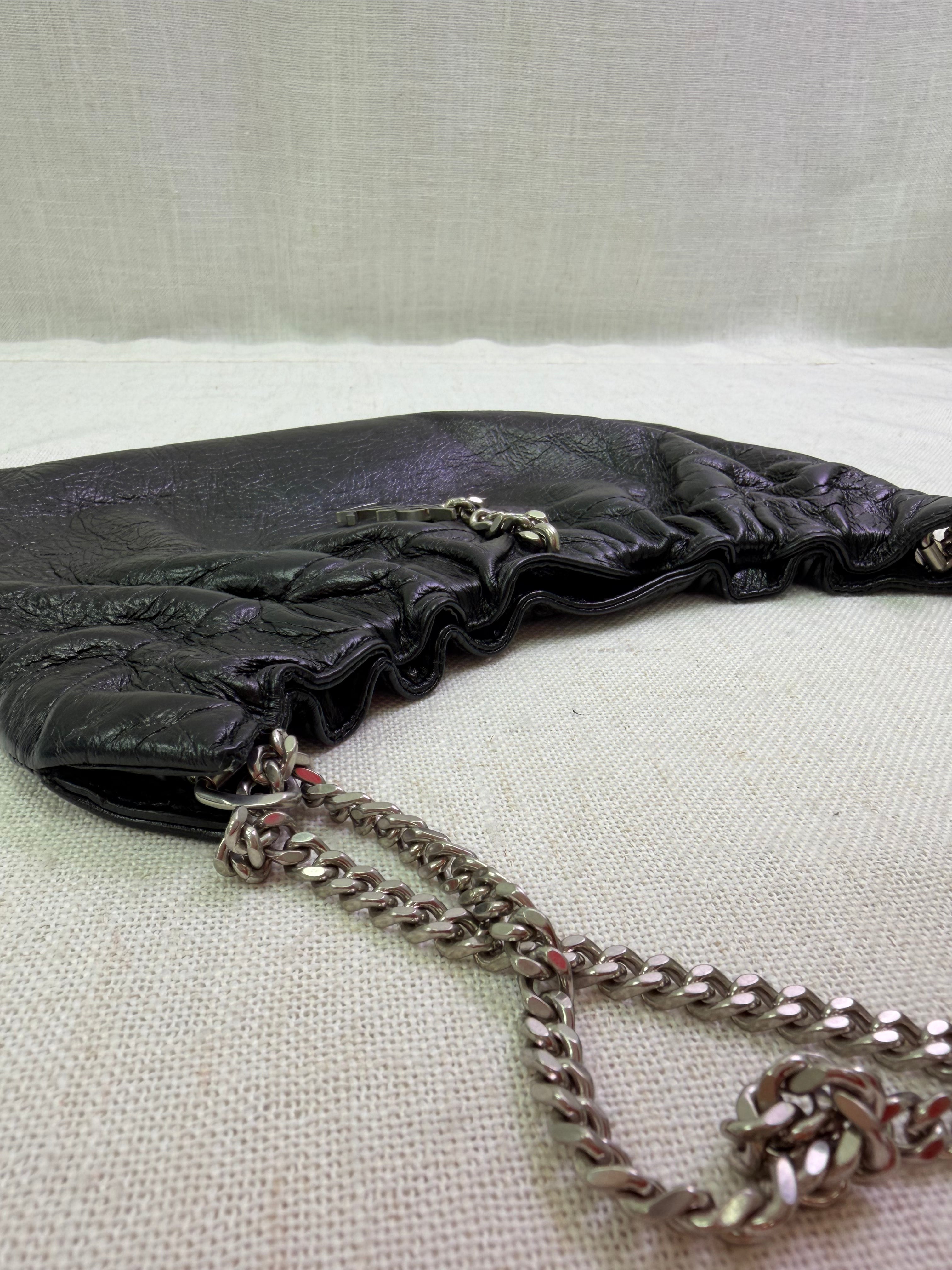 Saint Laurent YSL Black Crinkled Leather Pac Pac Ruched Hobo Bag
