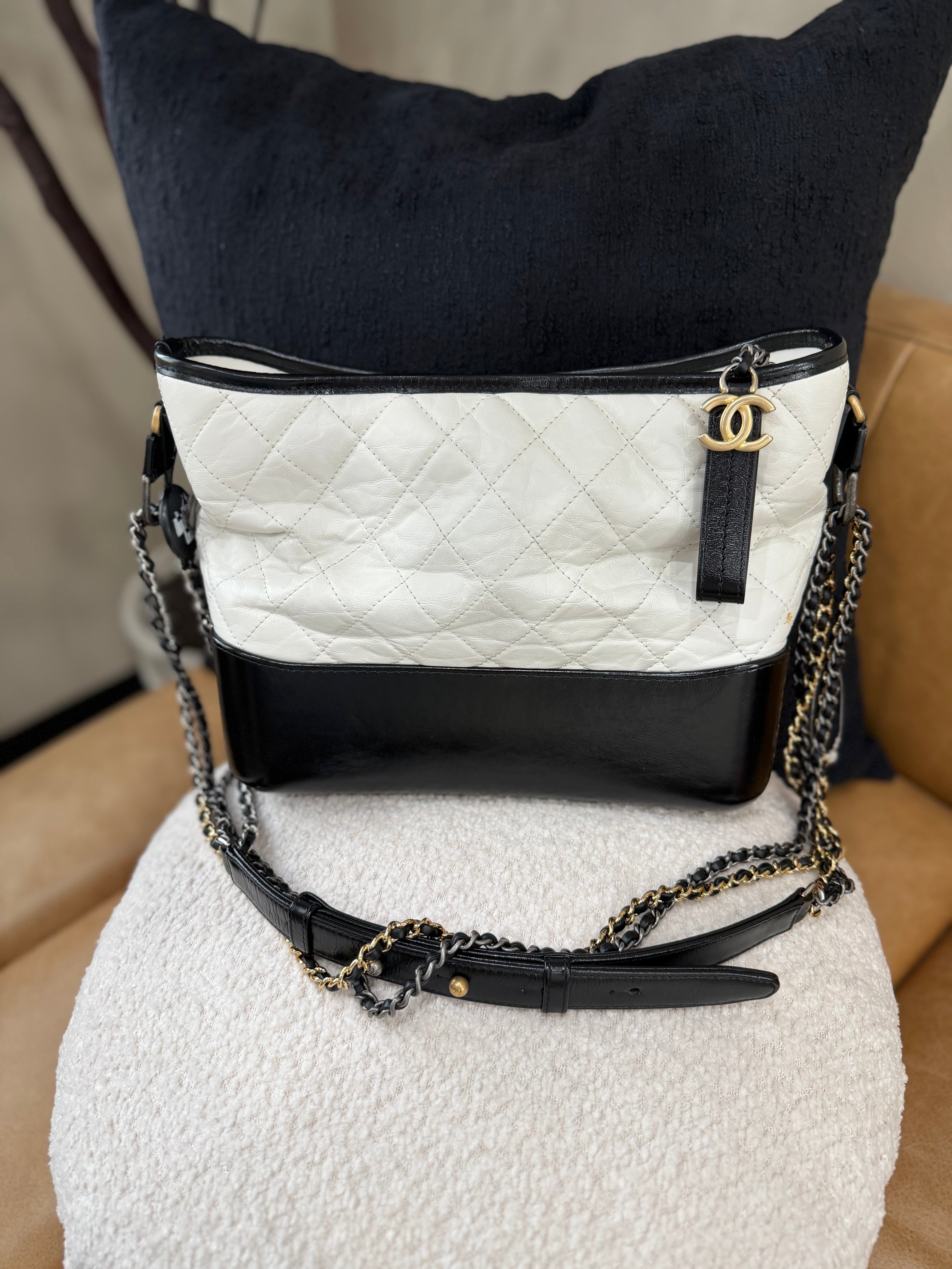 Chanel White & Black Aged Quilted Calfskin Medium Gabrielle Hobo Bag