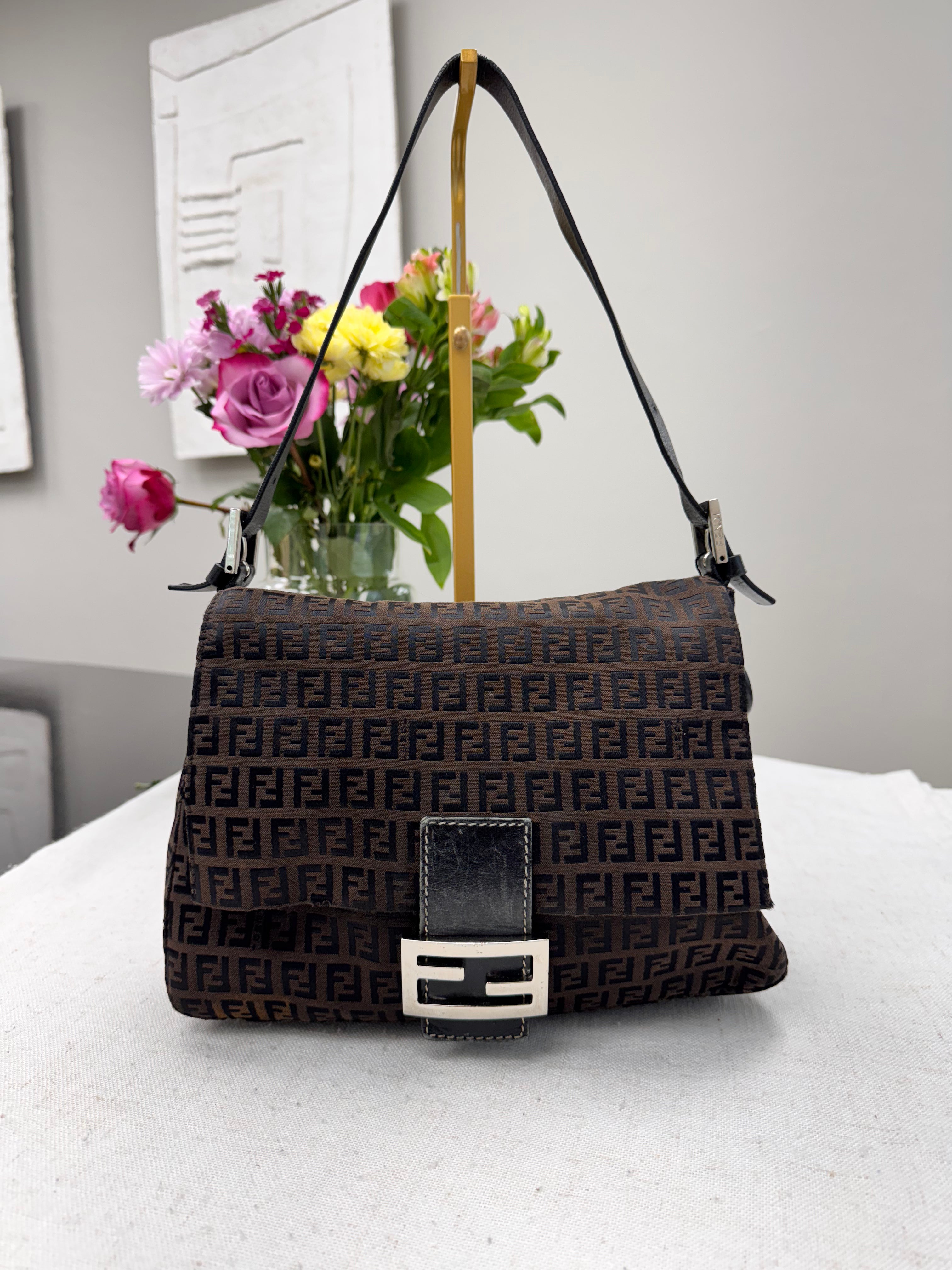 *DONS DROP* Fendi Brown Zucca Mamma Baguette Coated Canvas Shoulder Bag