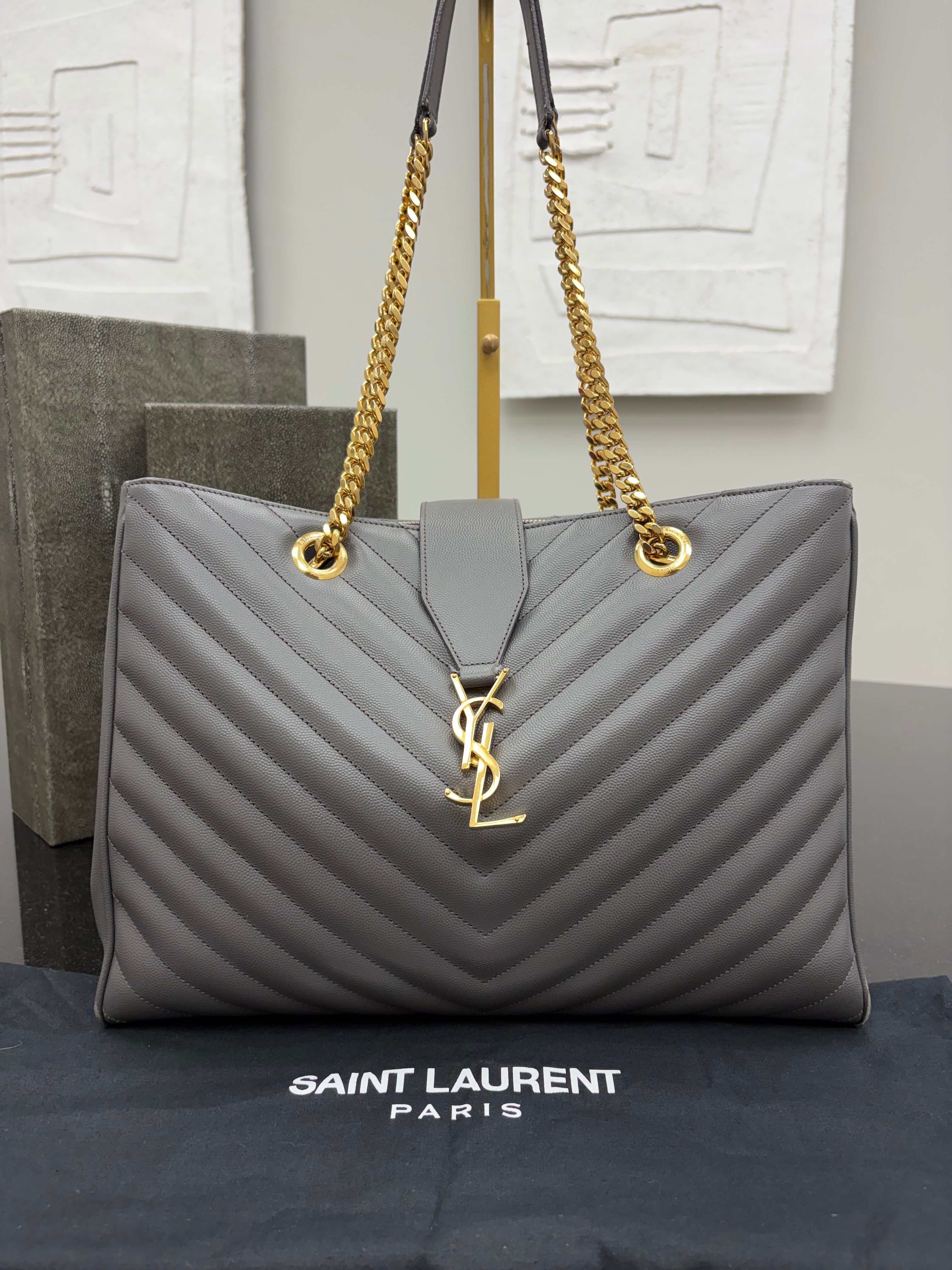 Saint Laurent YSL Grey Caviar Shopping Tote