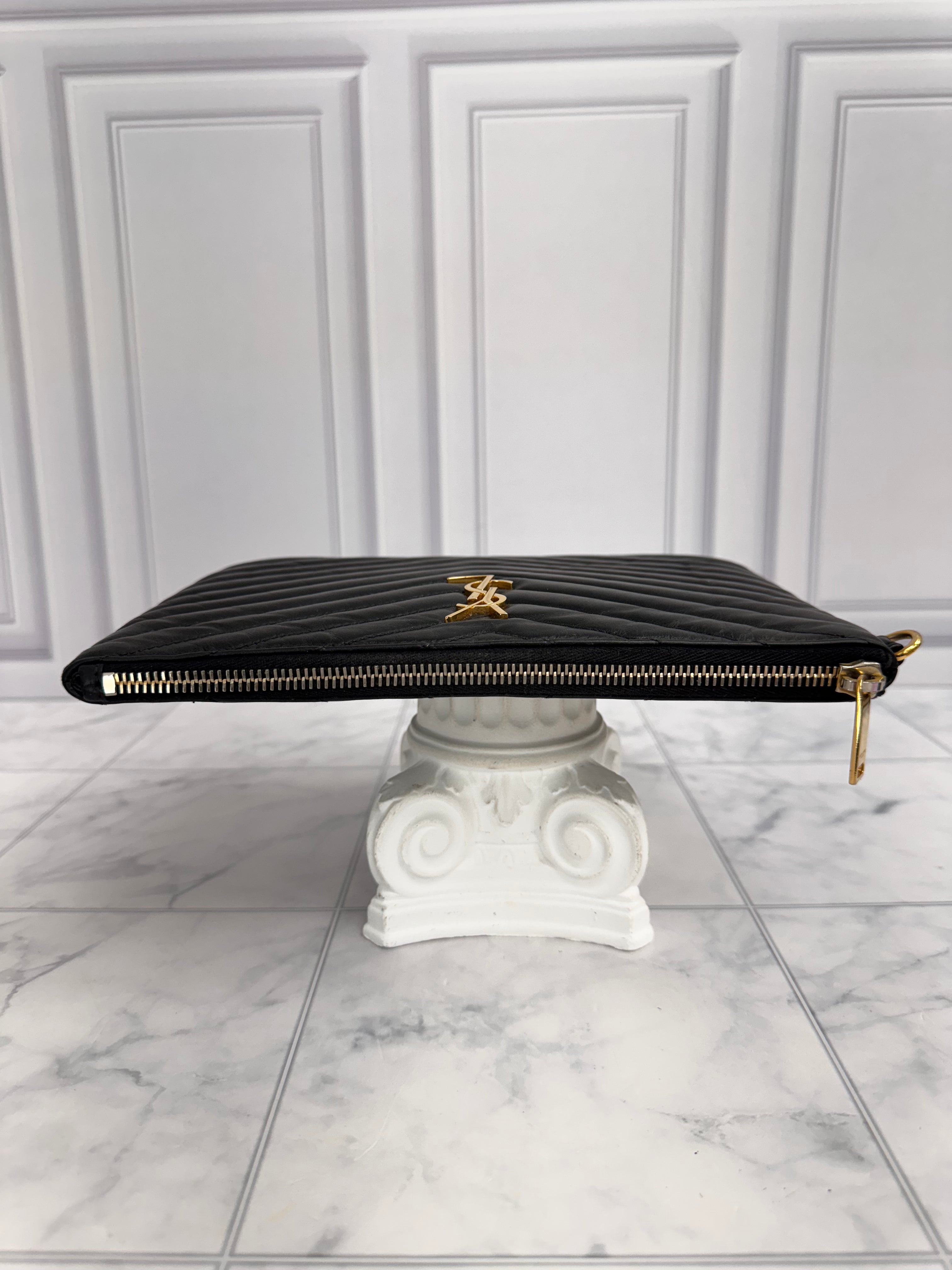 Saint Laurent YSL Black Chevron Quilted Leather Clutch Bag