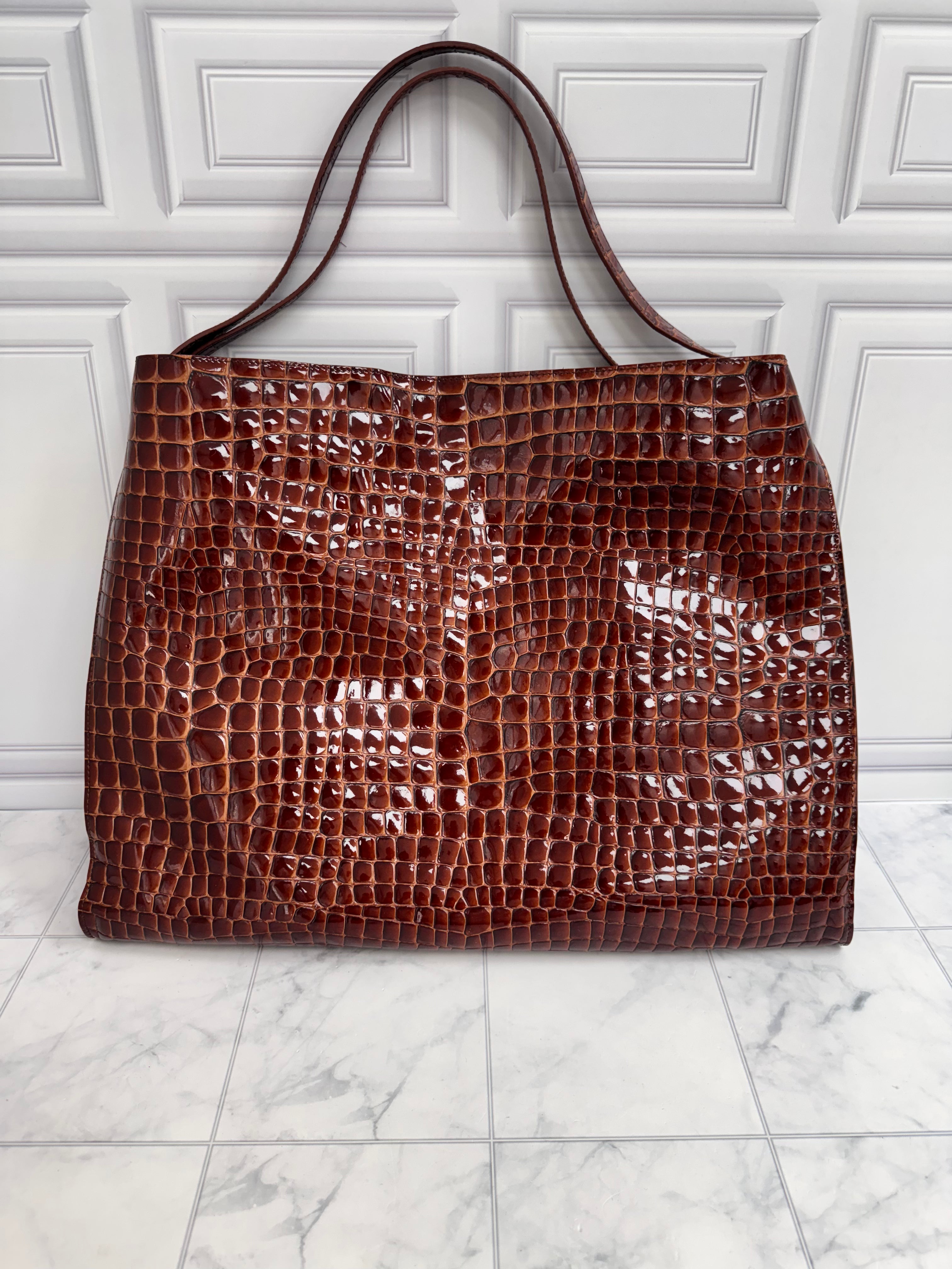 LIKE NEW - Christian Louboutin Brown Croc Embossed Le 54 Drawstring Tote Bag