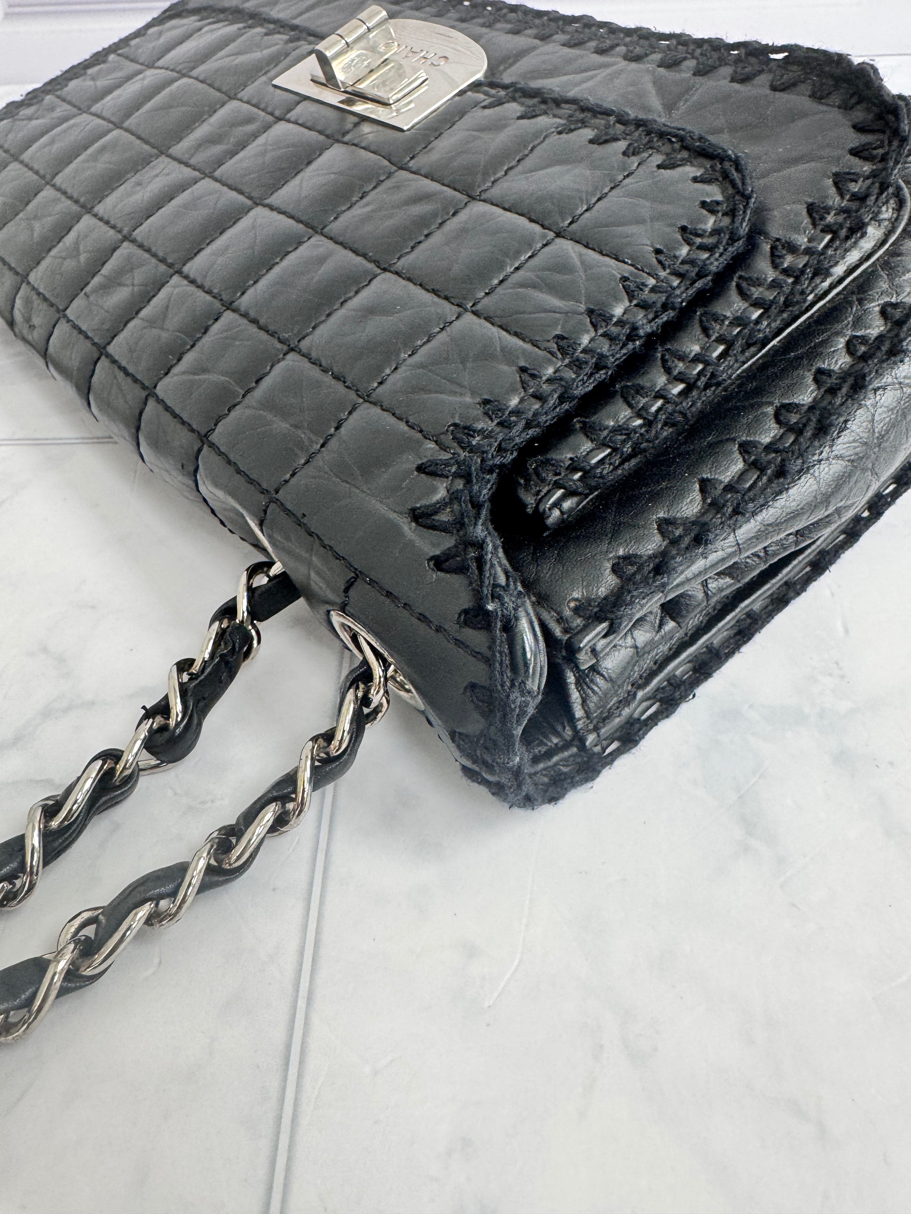 Chanel Black Quilted Leather Crochet Trim Chocolate Bar Reissue 2.55 Flap Bag