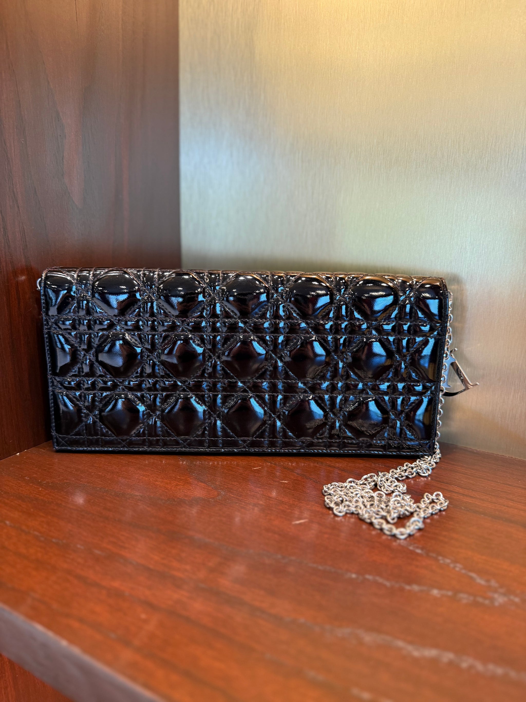 Christian Dior Black Cannage Patent Leather Clutch Pochette Bag