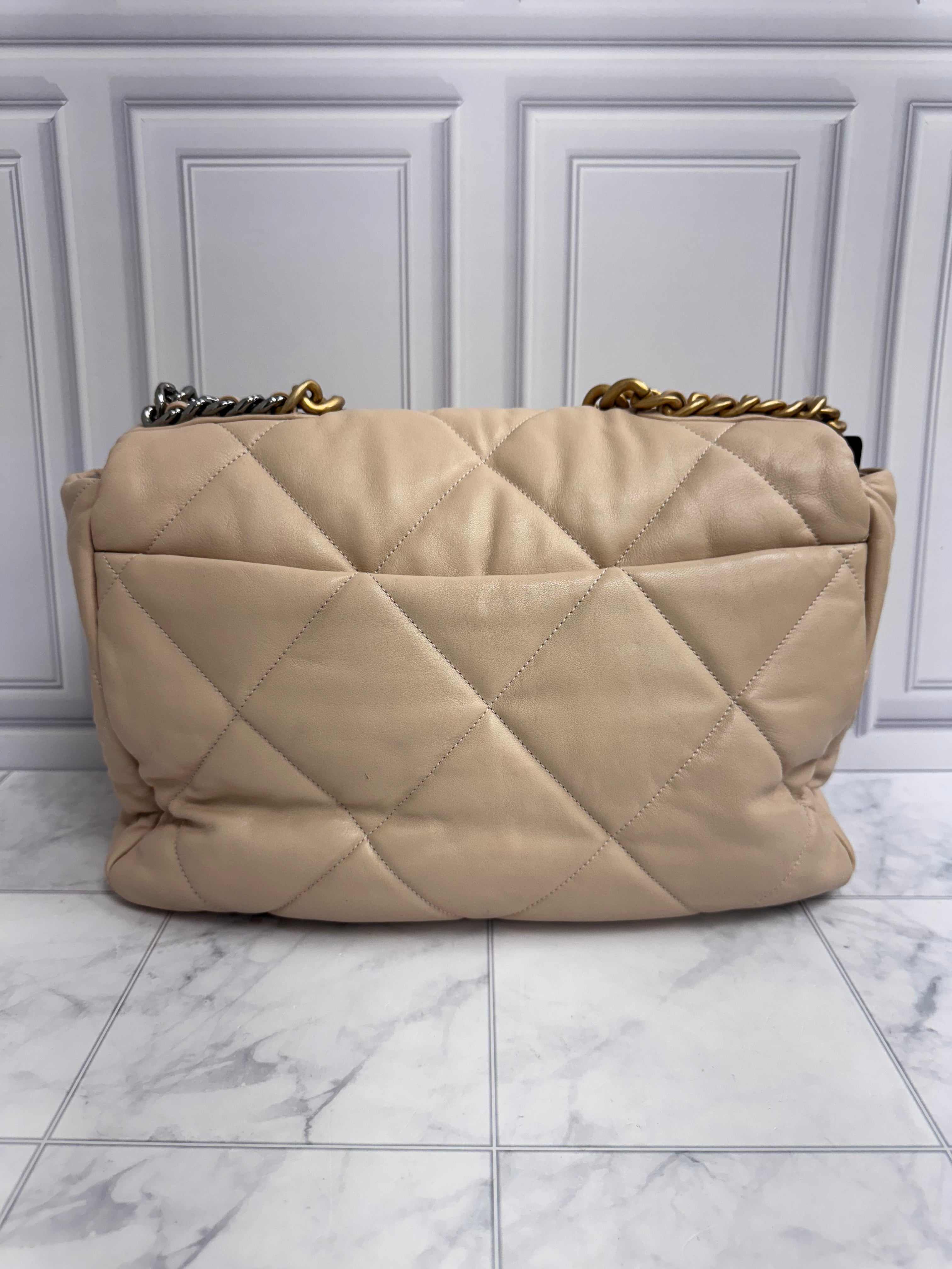 Chanel Beige Diamond Quilted Leather Chanel 19 Maxi Flap Bag