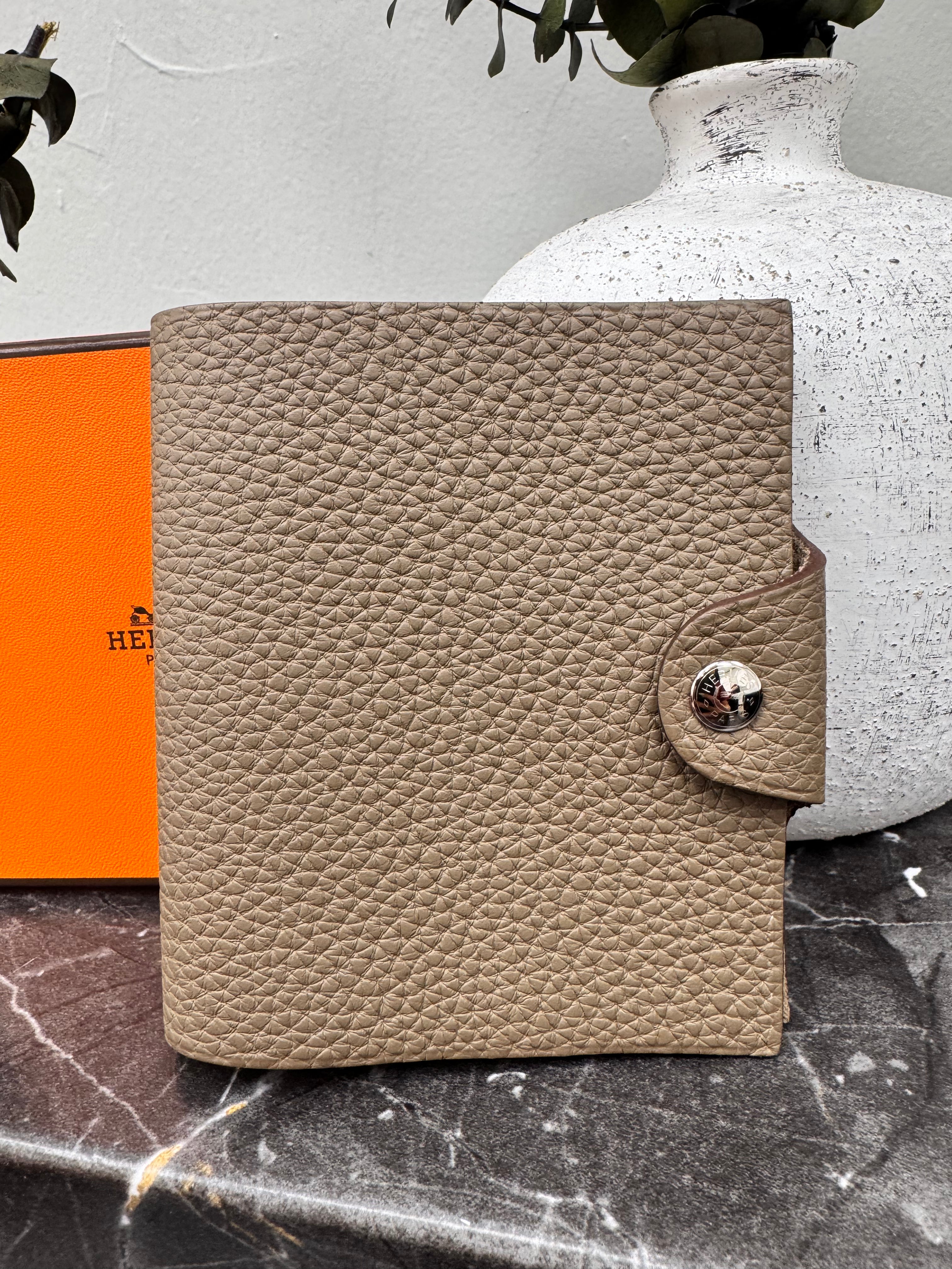 LIKE NEW - Hermes Taupe Pebbled Leather Ulysse Mini Notebook Cover