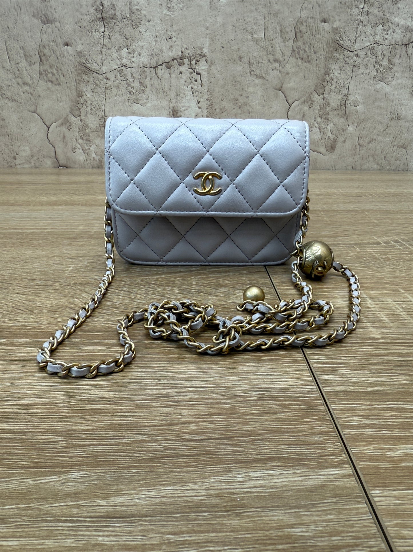 Chanel Taupe Quilted Calfskin Mini Pearl Crush Flap Clutch with Chain