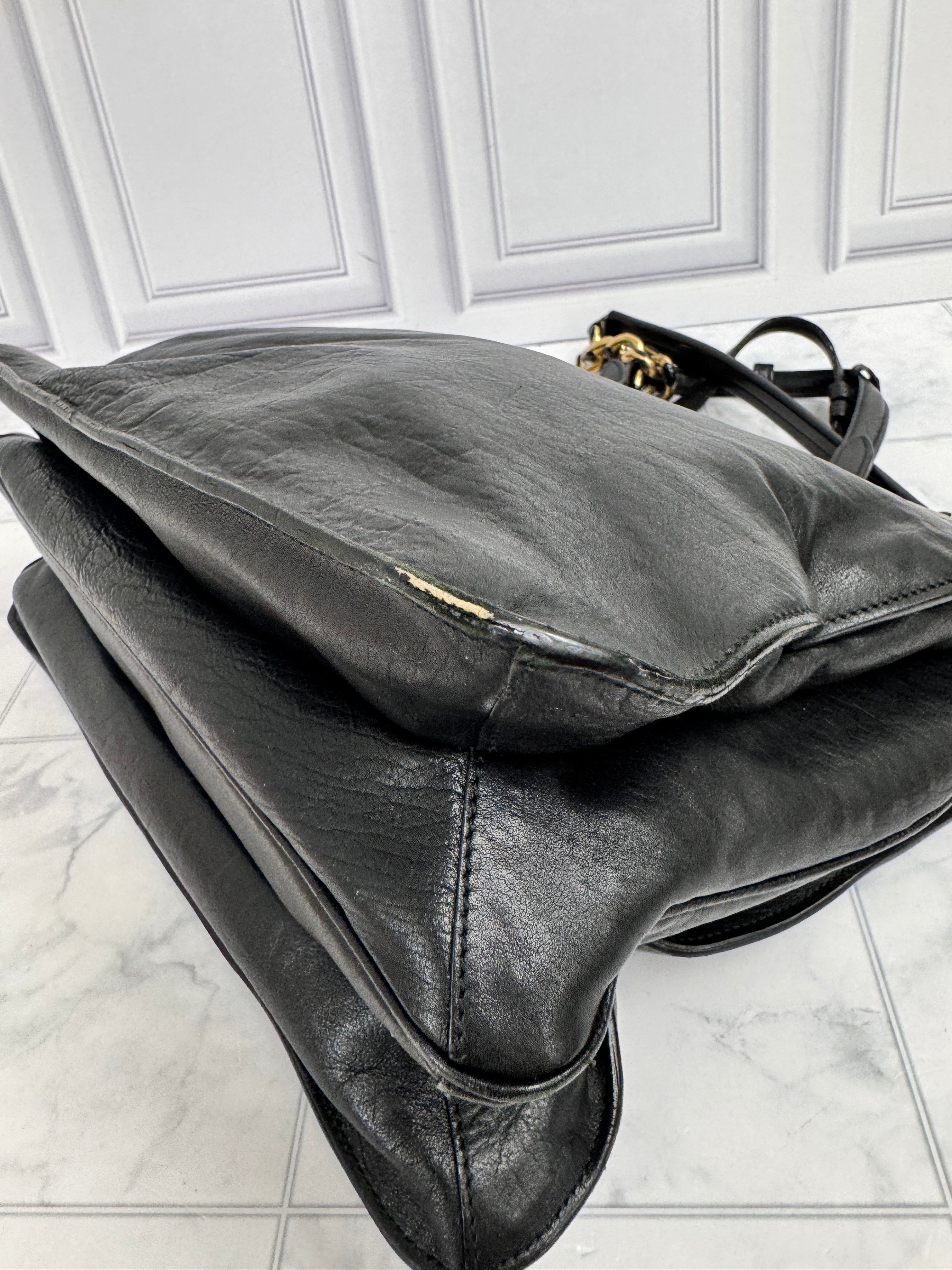Salvatore Ferragamo Black Leather Chain Tote Bag