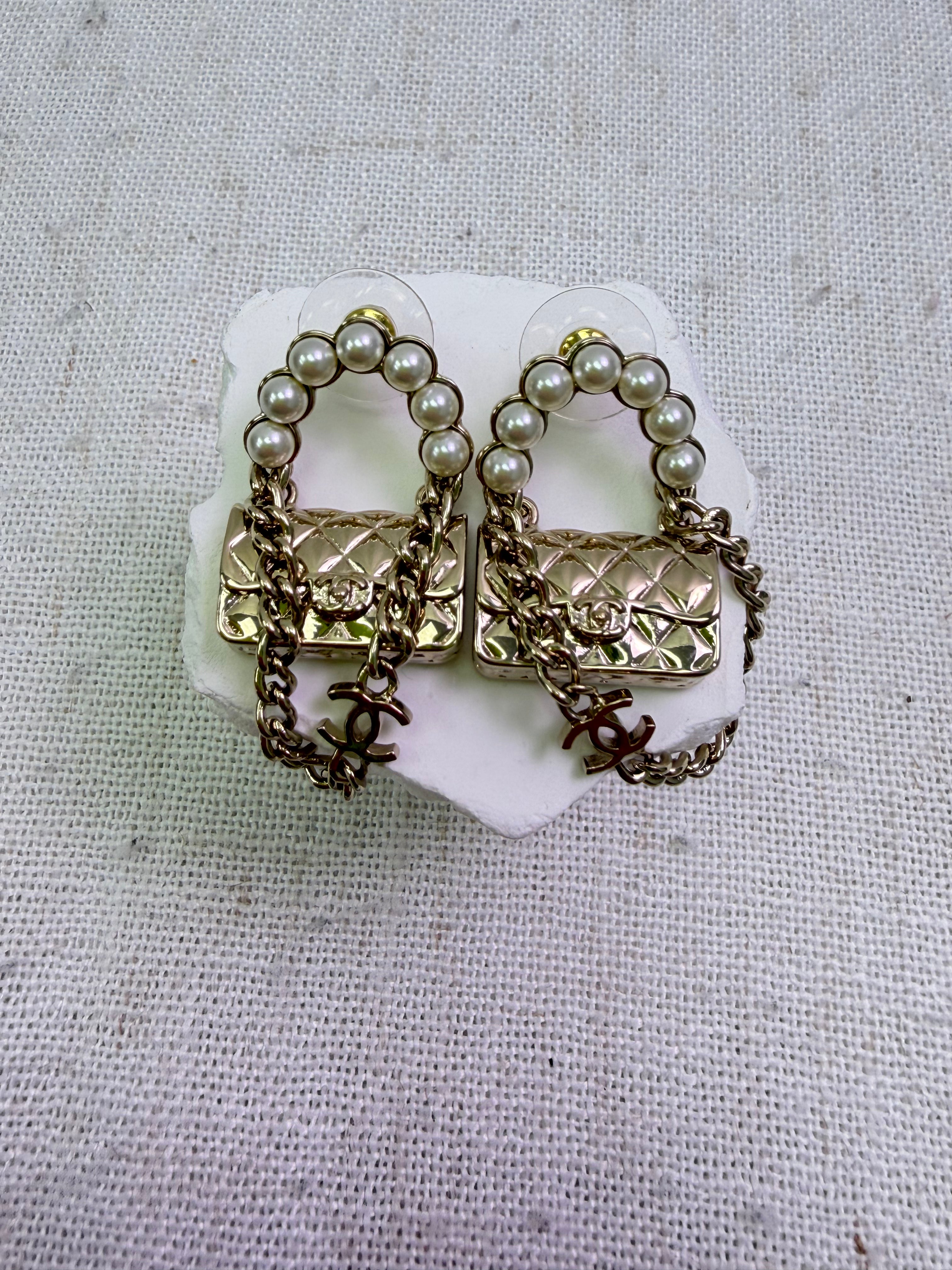 Chanel Faux Pearl & Gold Tone Chained CC Quilted Flap Bag Earrings