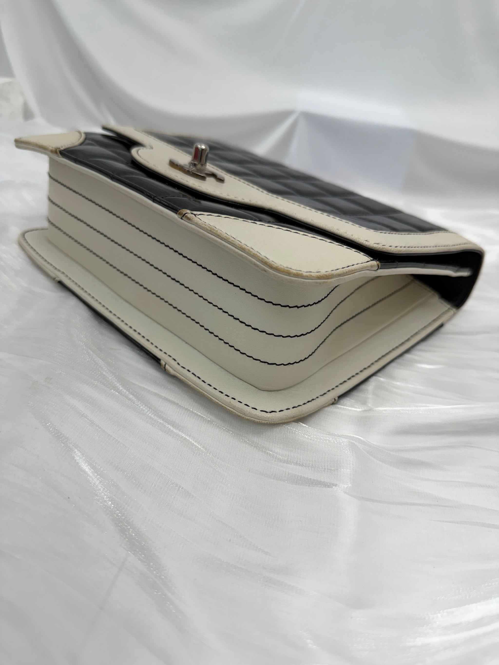 Chanel White & Black Patent Leather Chocolate Bar Square Bag