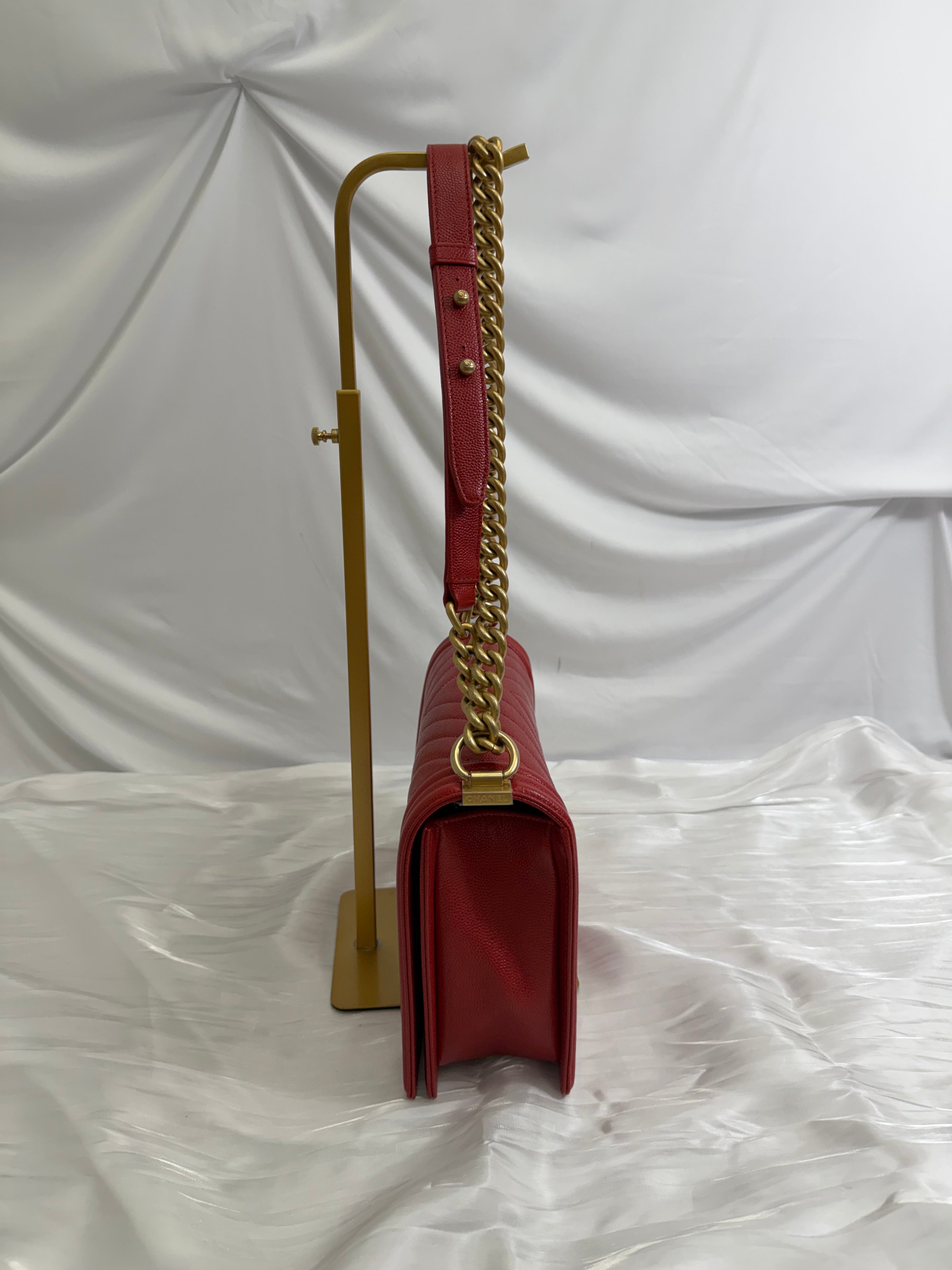 Chanel Red Chevron Quilted Caviar Medium Boy Bag