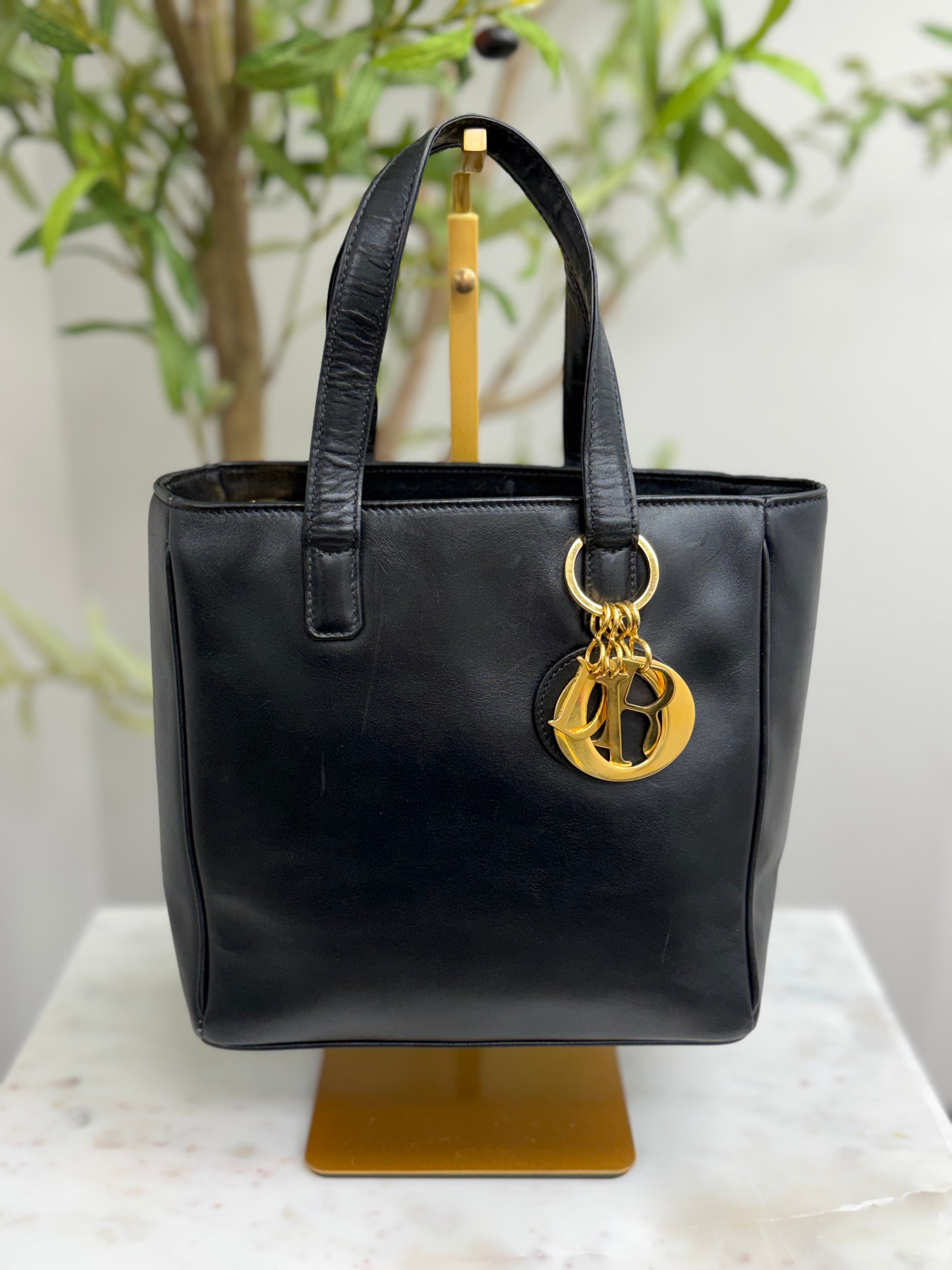 Christian Dior Vintage Black Lambskin Leather Tote Bag