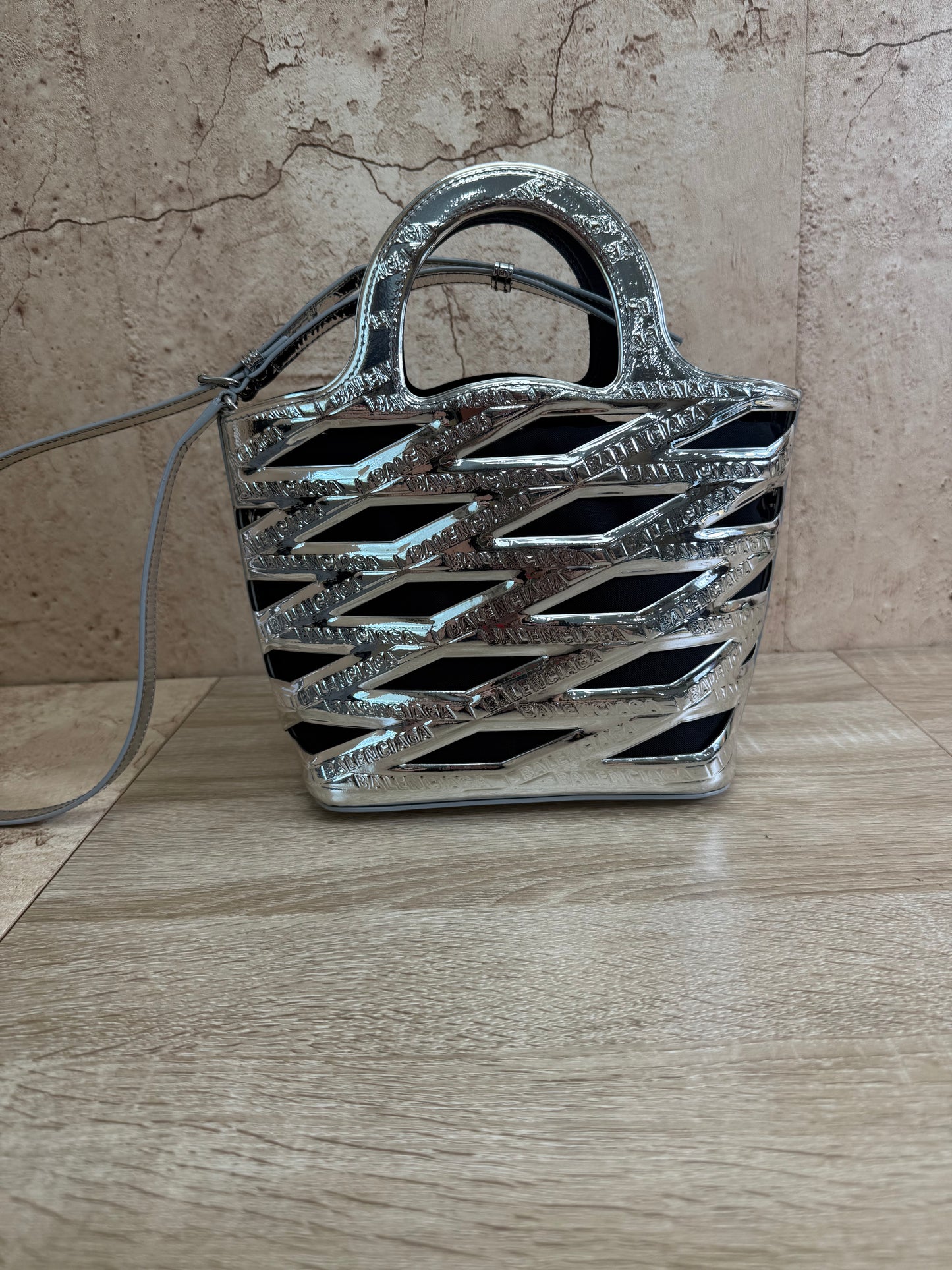 Balenciaga Metallic Silver Patent Leather Neo Basket Tote