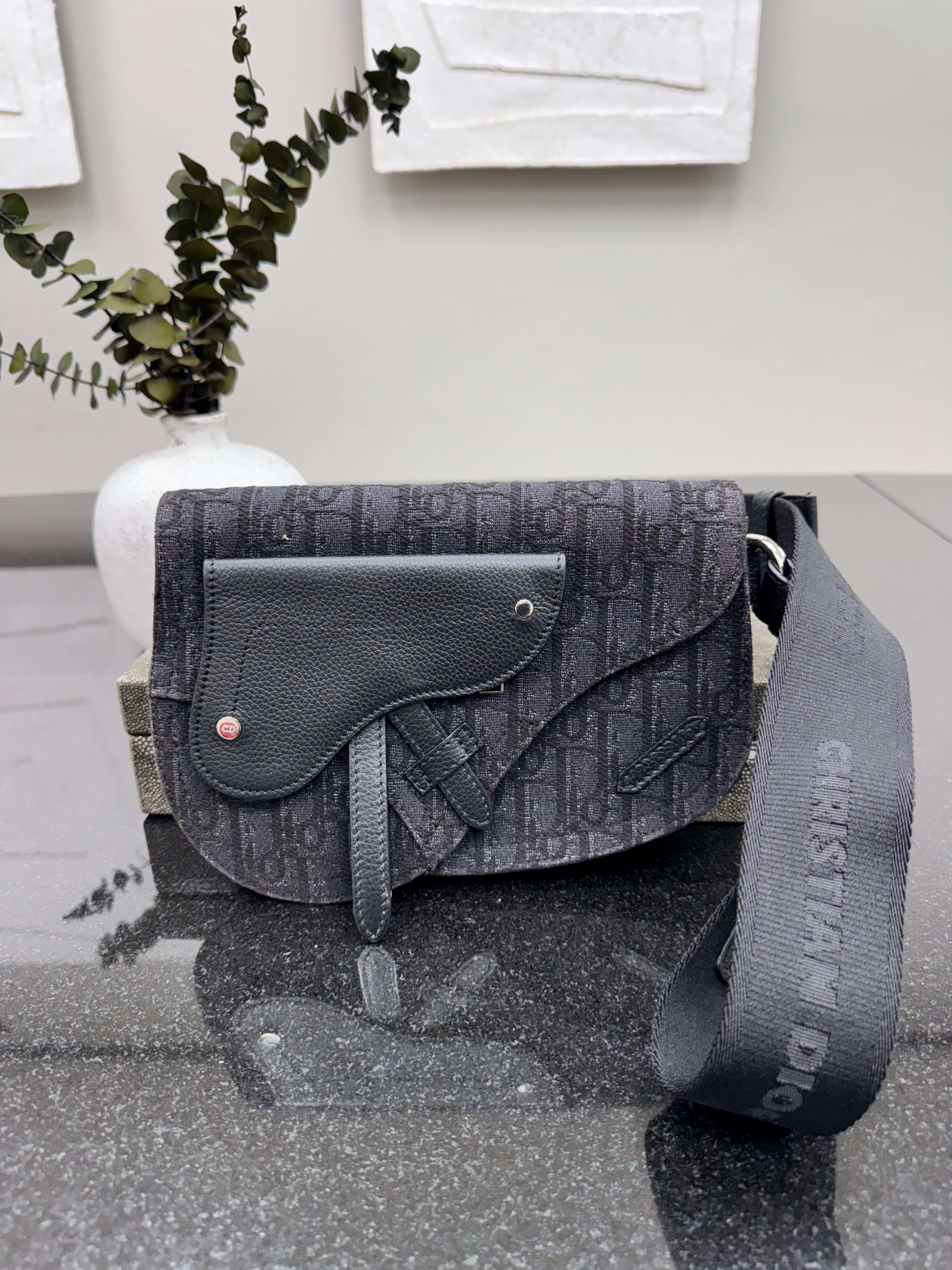 Christian Dior Black Denim Oblique Saddle Messenger Crossbody Bag
