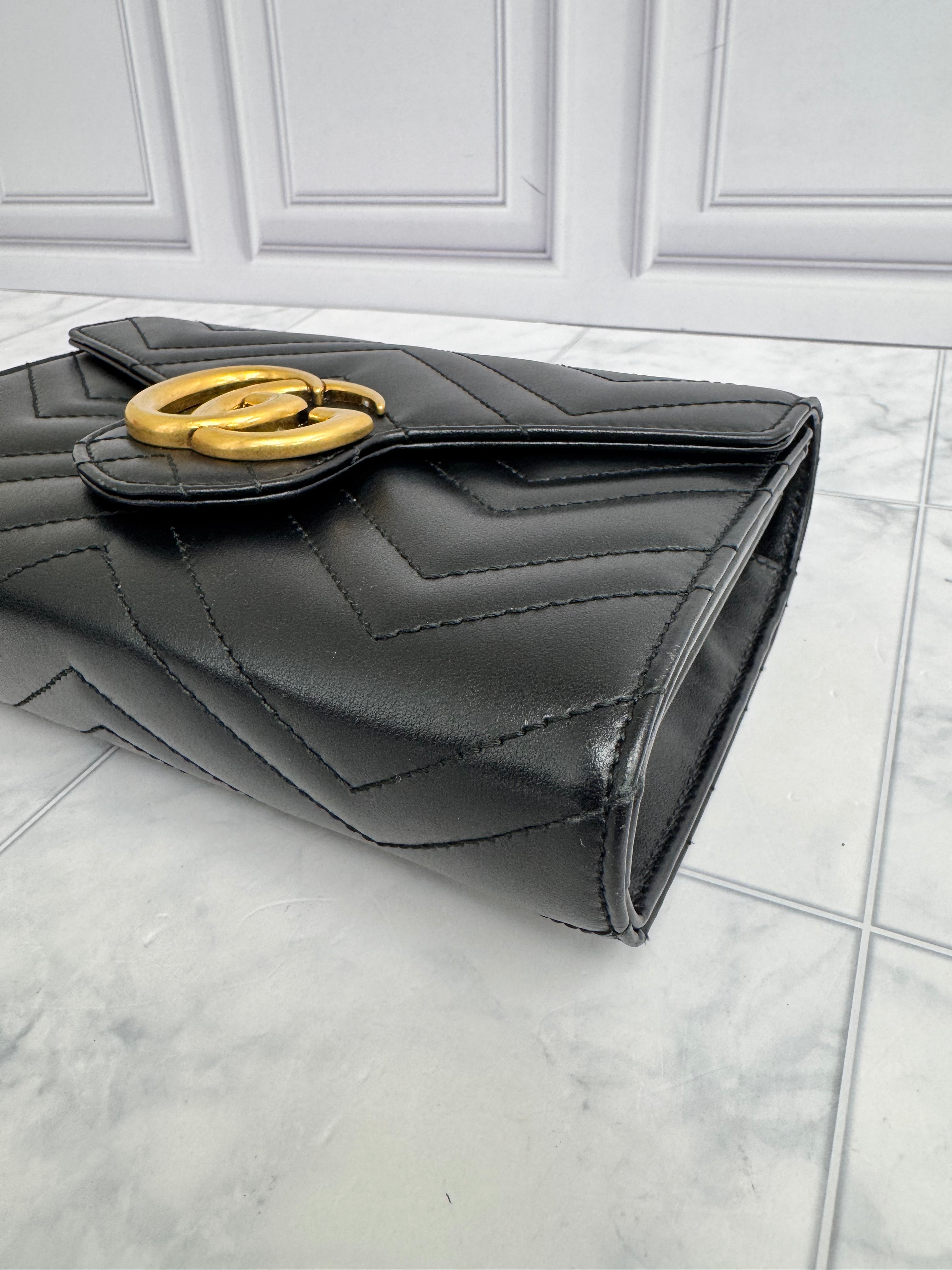 Gucci Black Chevron Quilted Leather GG Marmont Wallet On A Chain