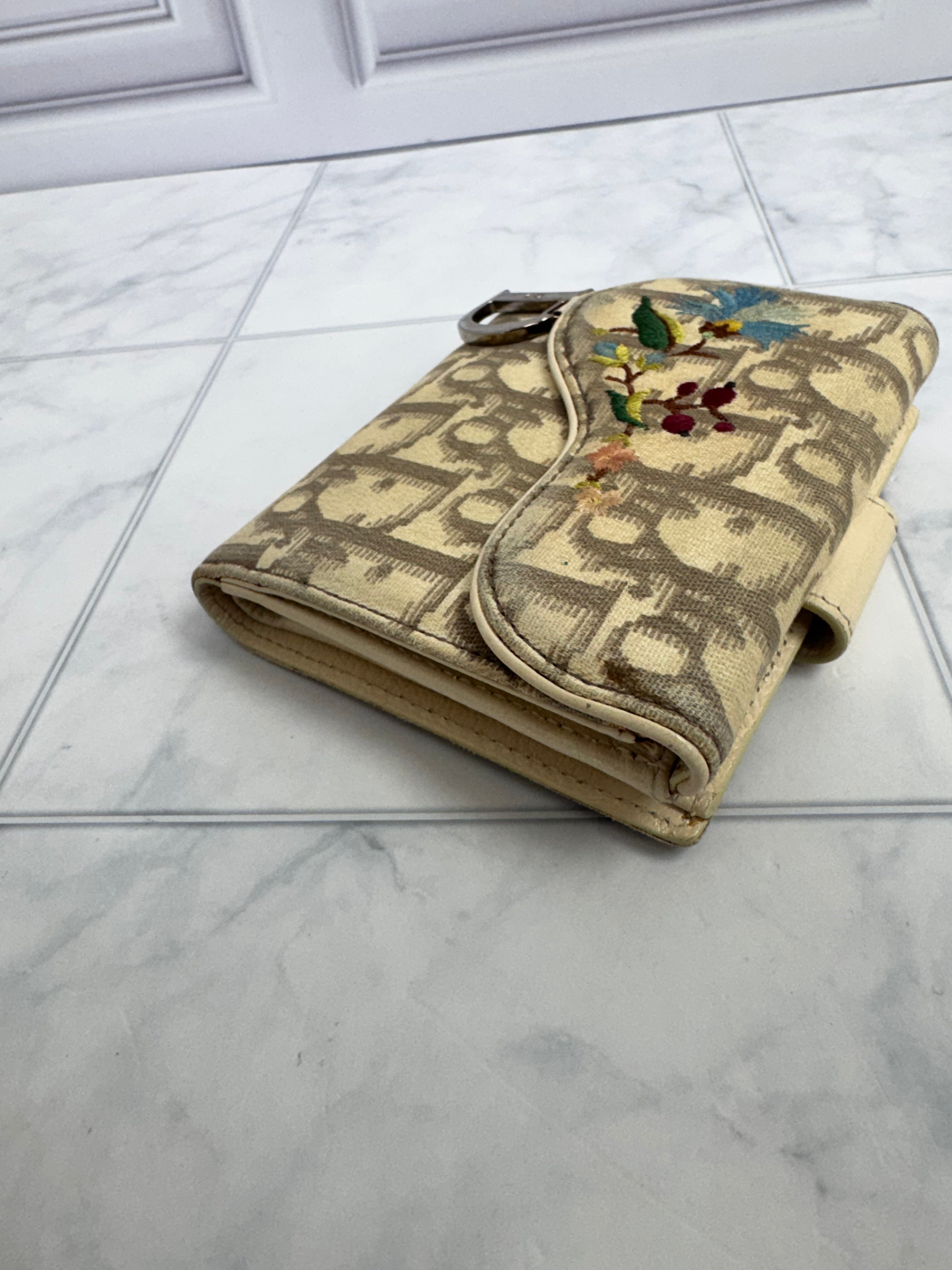 Christian Dior Beige Canvas Floral Embroidered Saddle Compact Wallet