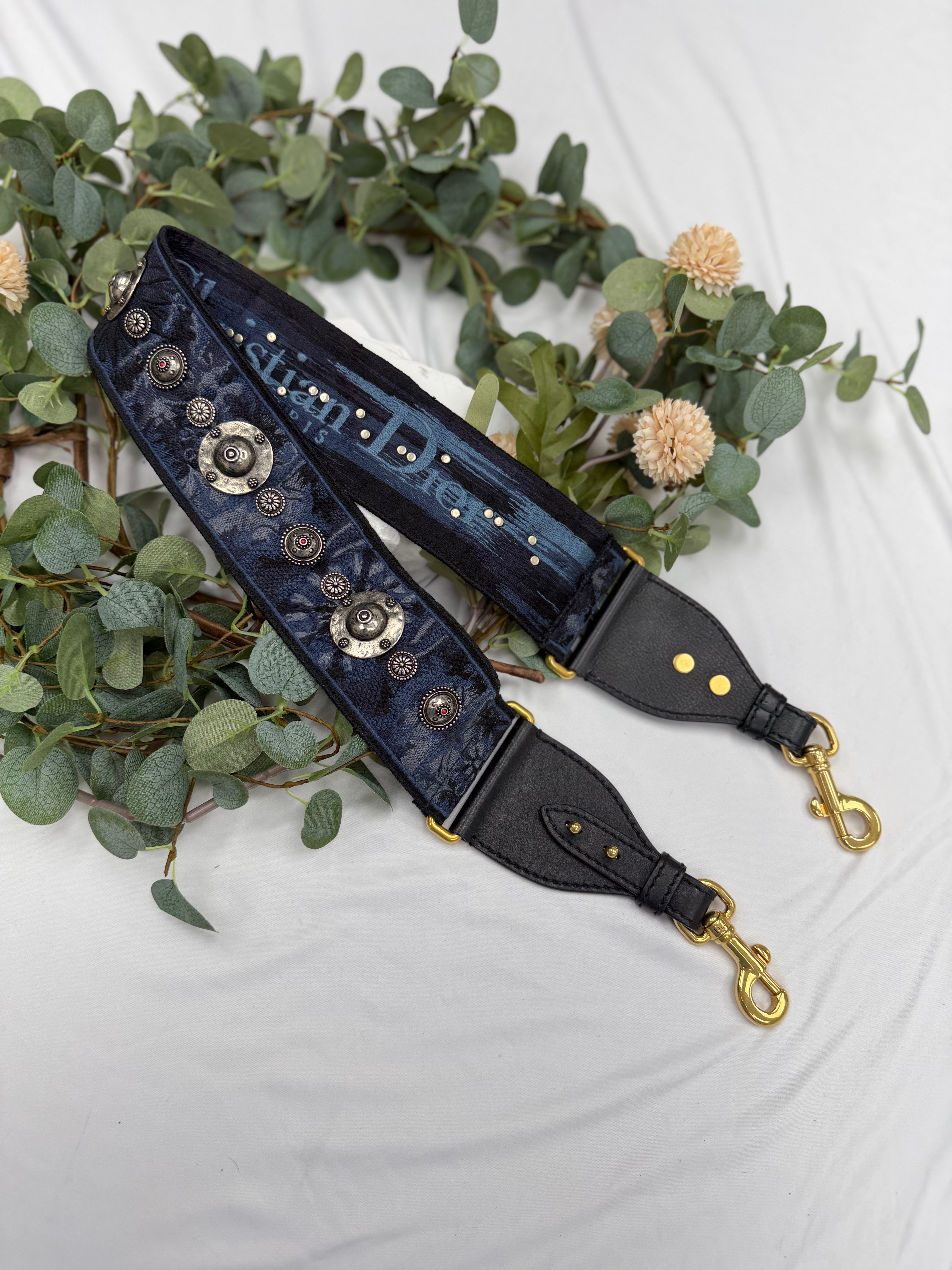 Christian Dior Blue Embroidered Canvas & Studded Shoulder Strap
