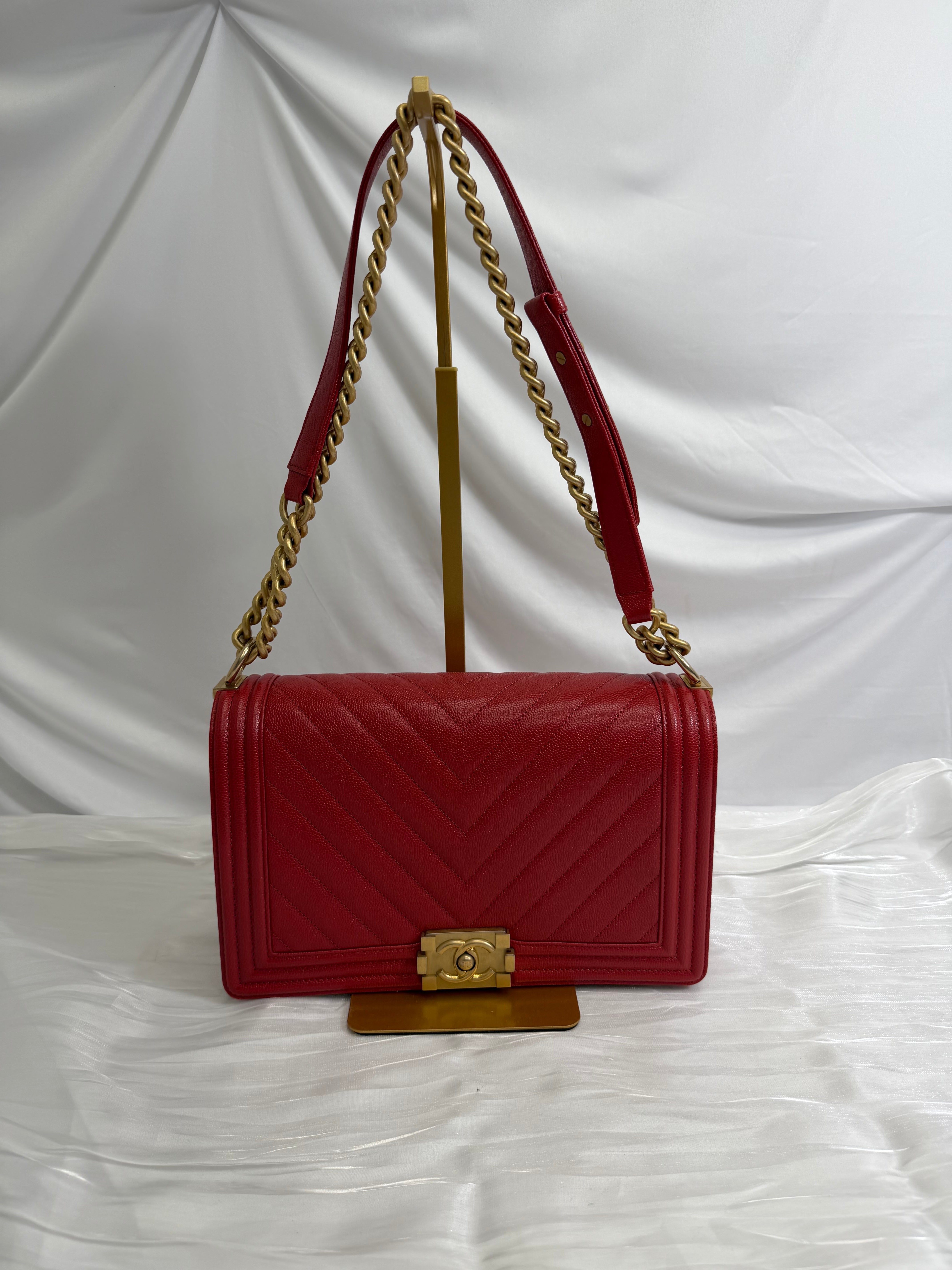Chanel Red Chevron Quilted Caviar Medium Boy Bag