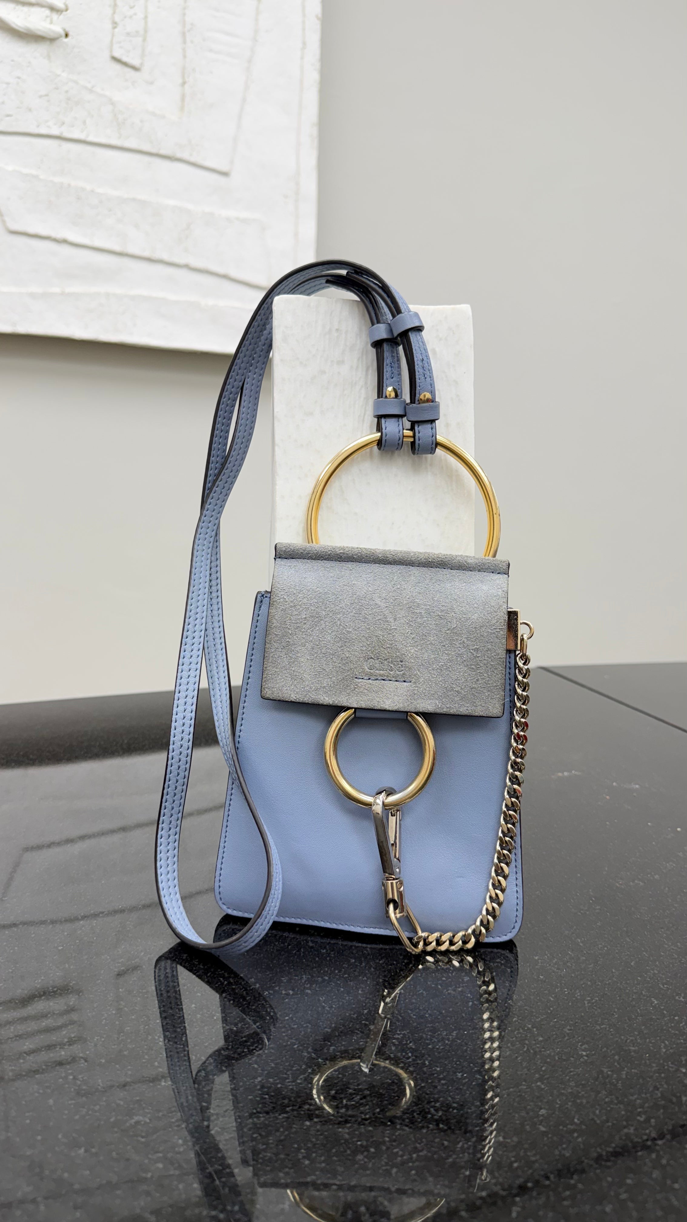 Chloe Dusty Blue Leather & Suede Mini Faye Crossbody