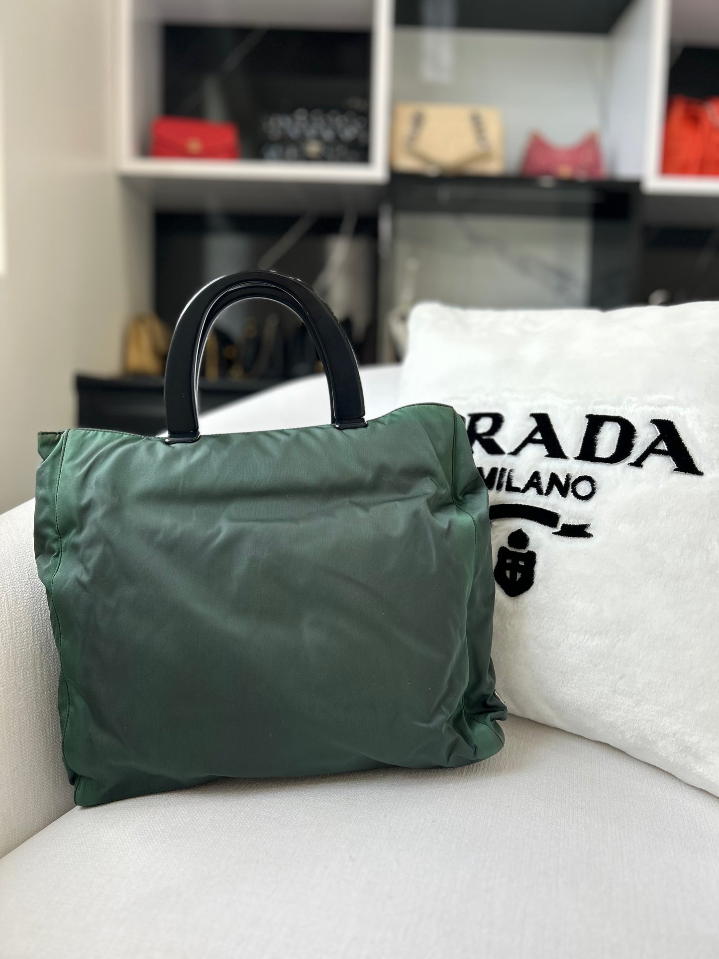Prada Dark Green Nylon Top Handle Tote Bag