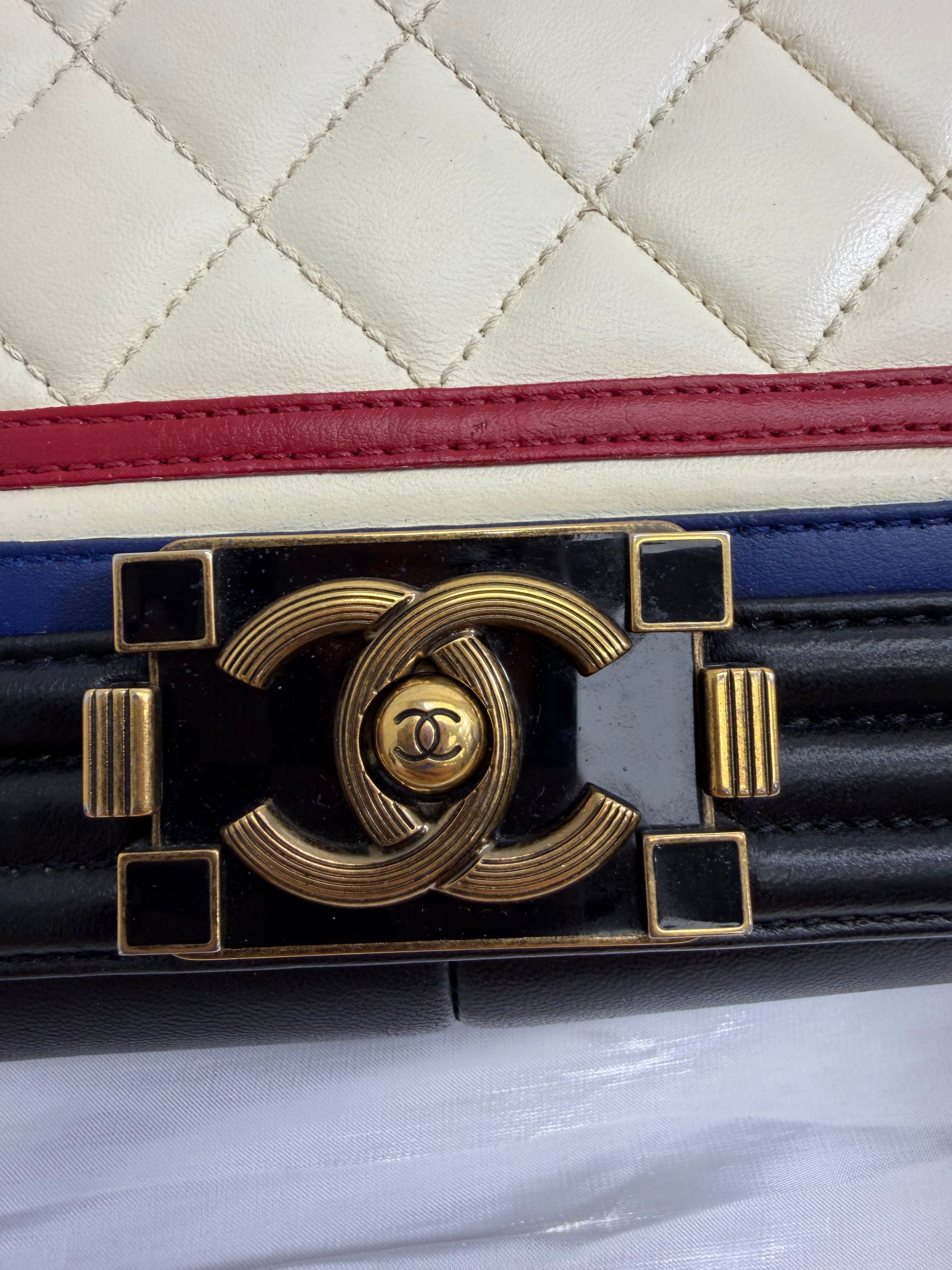 Chanel Quilted Calfskin Crest Embellished Medium Boy Bag