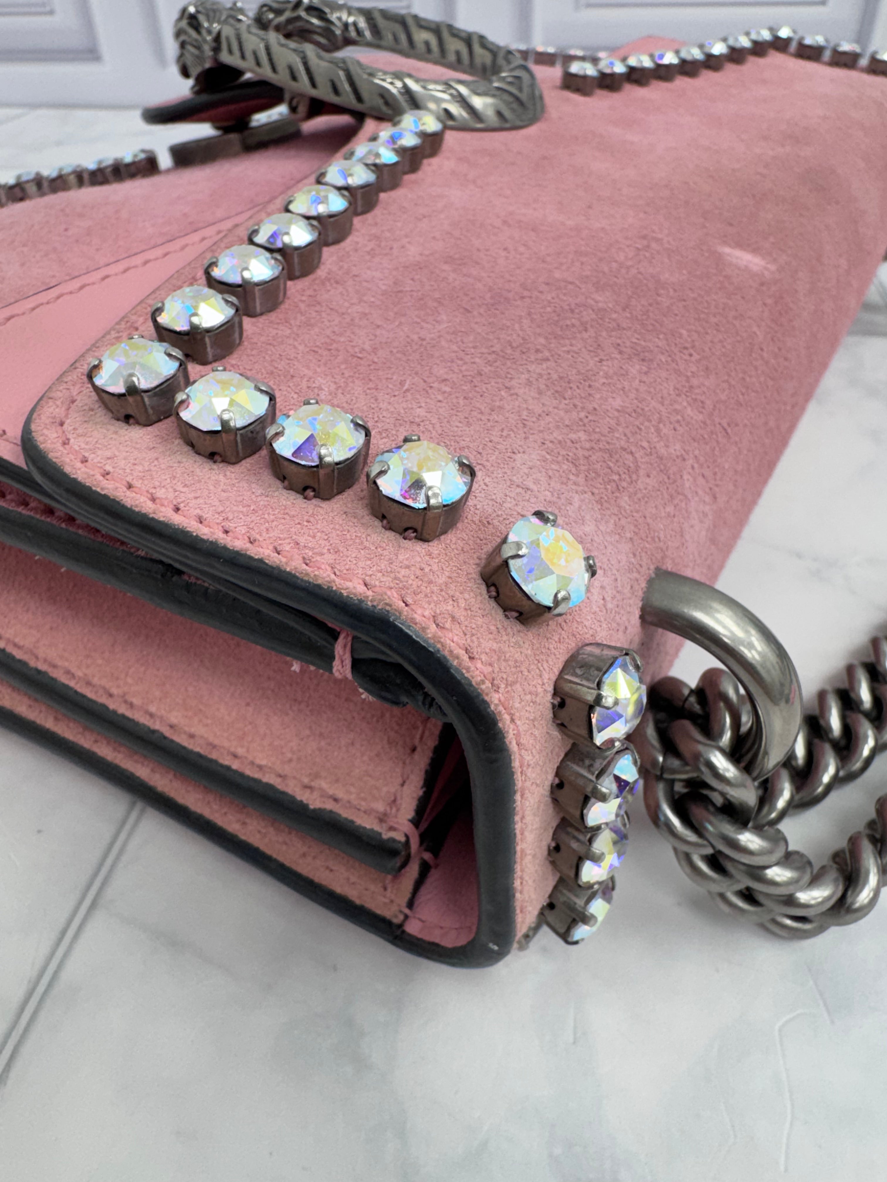 Gucci Pink Suede Crystal Dionysus Small Chain Shoulder Bag