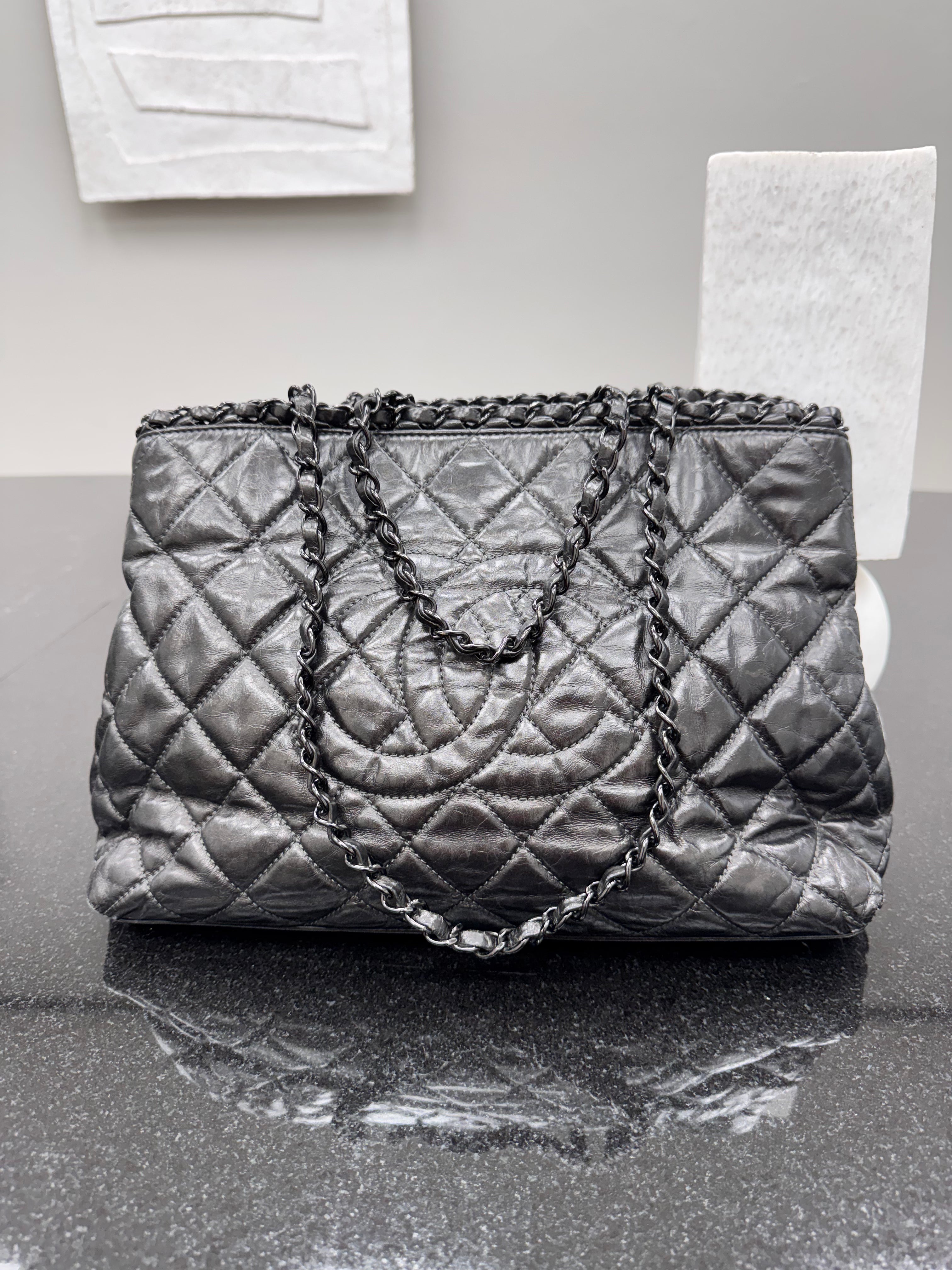 Chanel Metallic Gunmetal Diamond Quilted Leather Chain Me Small Tote Bag