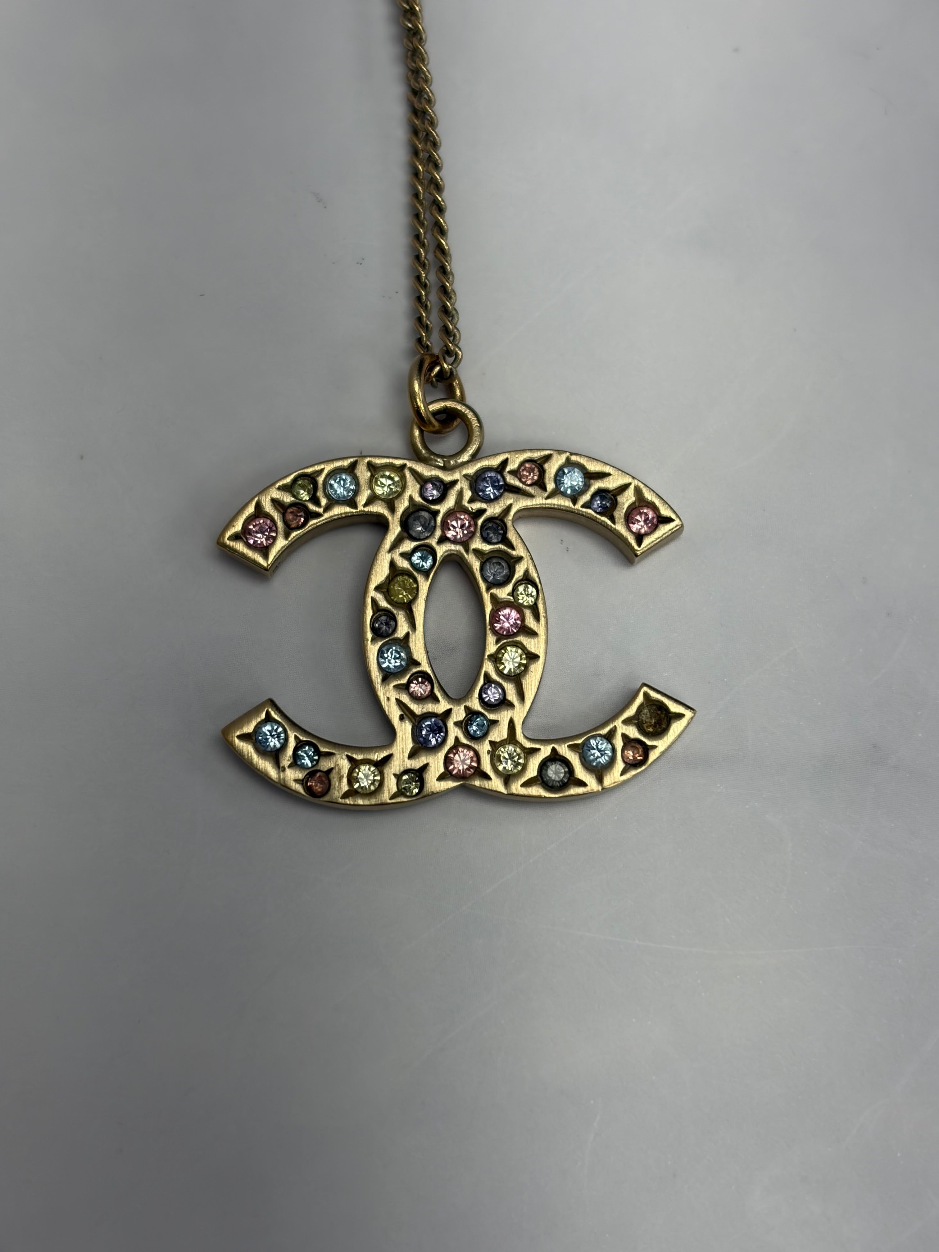 Chanel Gold Tone CC Pastel Crystal Pendent Necklace