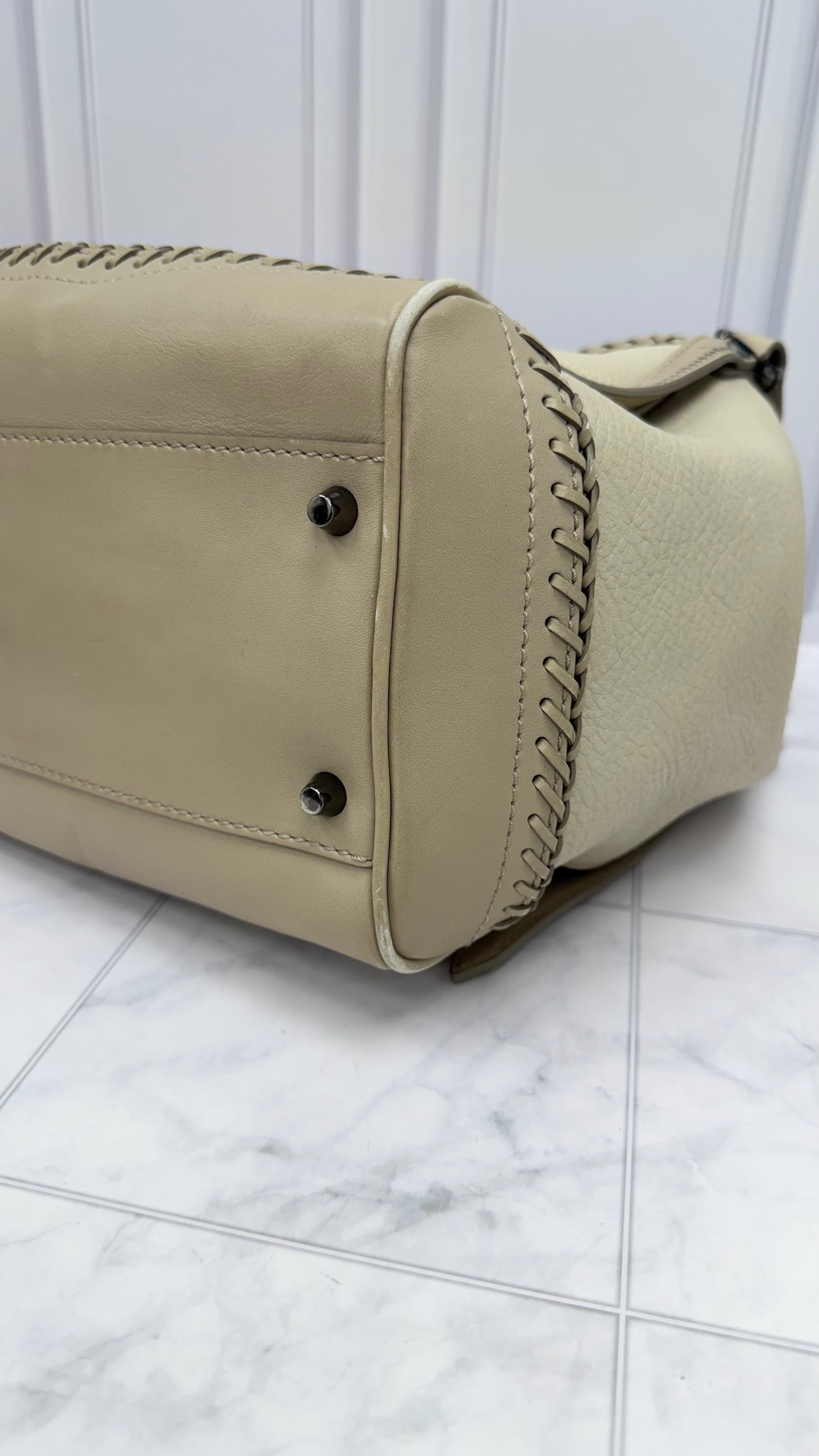 Burberry Beige Leather Woven Trim Tote Bag